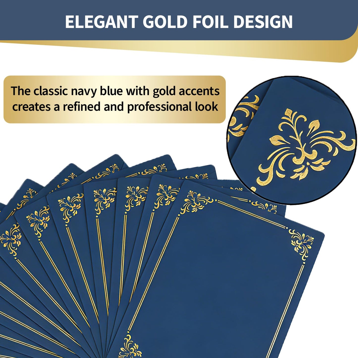 Binditek 50 Pack Certificate Holders, 350GSM Navy Blue Certificate Covers with Gold Foil Border, Diploma Folders for 8.5 x 11 Certificates, Awards, Graduation, School and Office Use