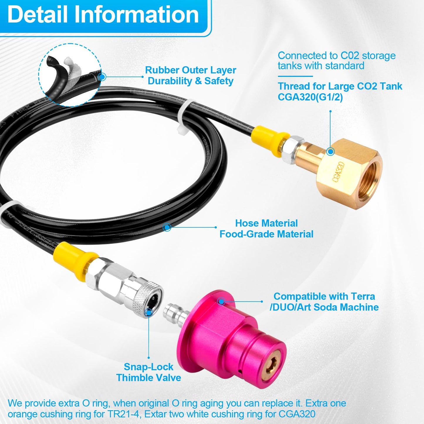 Soda Machine CO2 Refill Adapter with Quick Connector Hose - for Terra DUO Art Gaia Series Soda Maker Pink CO2 Gas Refill Replace Accessories & CO2 Cylinder Tank CGA320 Threaded Adapter (60inch)