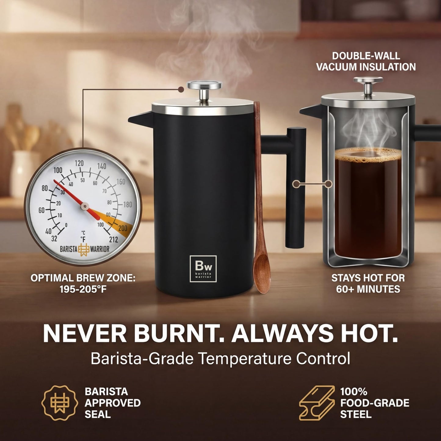 Barista Warrior French Press Coffee Maker - Double-Wall Stainless Steel Insulated French Press with Built-In Thermometer, Dual Filters Coffee Maker with Wooden Spoon - Black