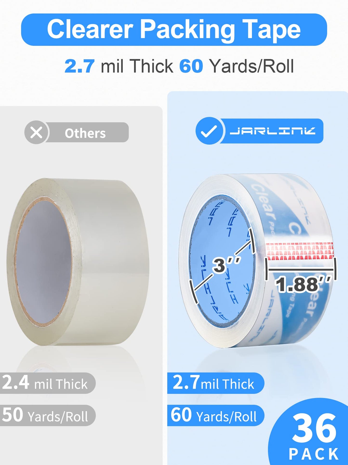 JARLINK Clearer Packing Tape 36 Rolls, Heavy Duty Packaging Tape for Shipping Packaging Moving Sealing, 2.7mil Thick, 1.88 inches Wide, 60 Yards Per Roll, 2160 Total Yards