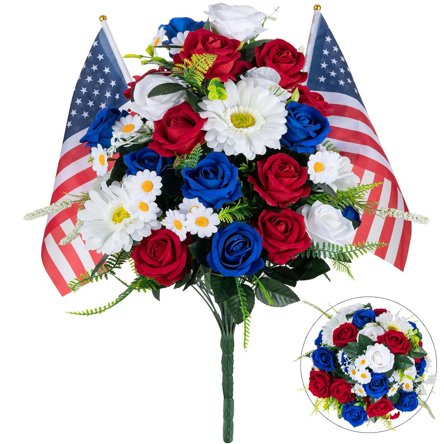 Memobloom Memorial Day Flowers for Cemetery: Large 36 Heads Velvet Red White Blue Roses Bouquet with Flags for Veterans - Outdoor Artificial Patriotic Grave Flowers America 250 Decorations