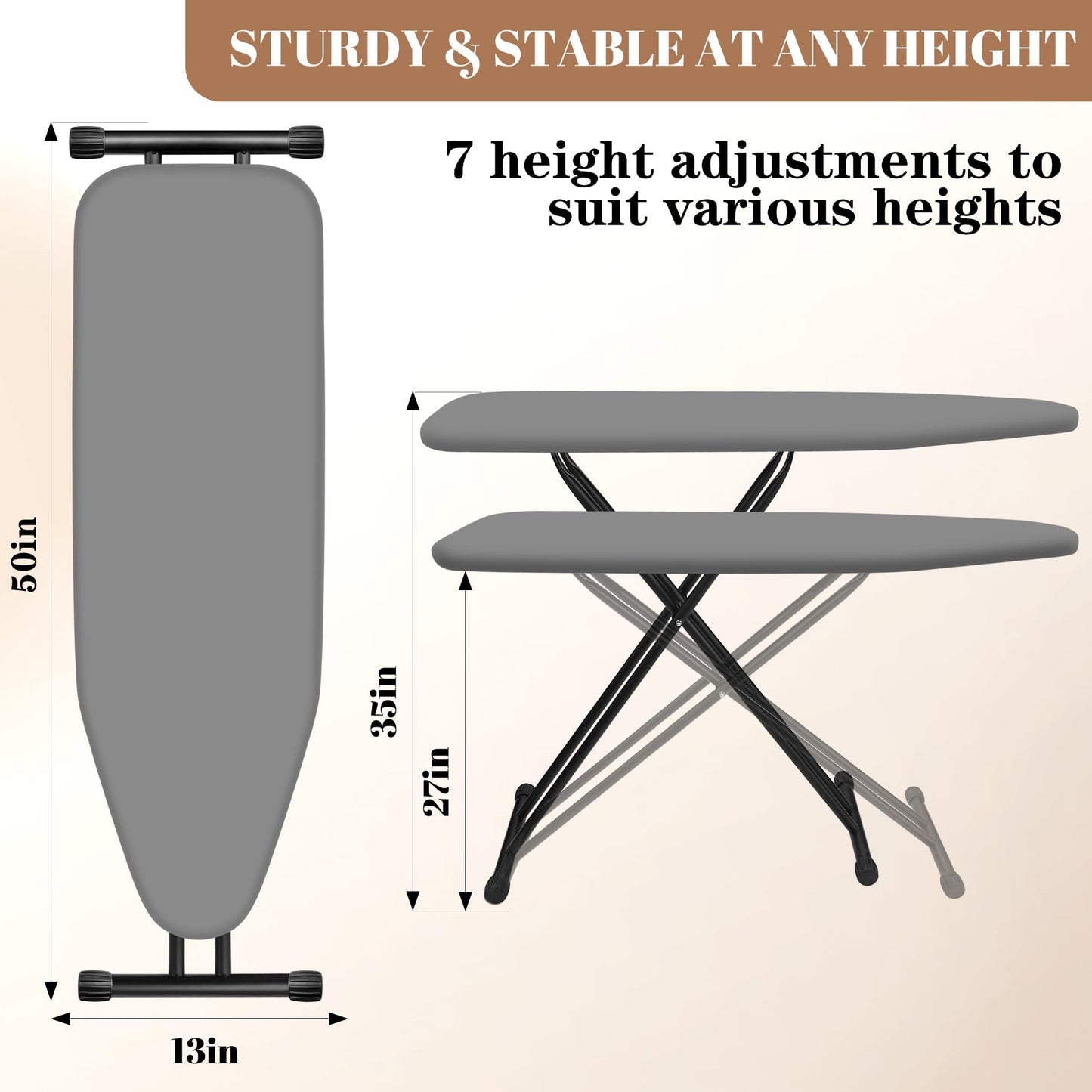 RIZTAIK Ironing Board, Compact and Space Saver,Size 13 x 43, Metal Construction Ironing Boards with Extra Thick Heavy Duty Padded, Stable Structure,Skid Feet, Premium Iron Board (Grey)