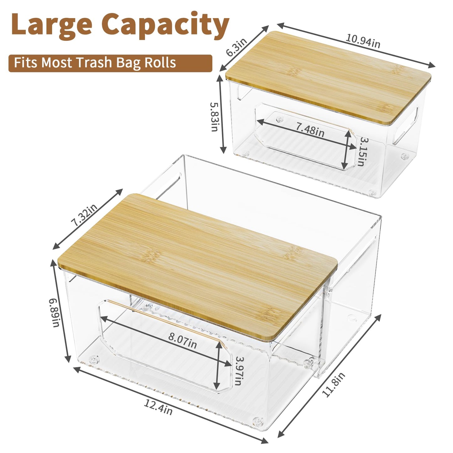 Trash Bag Holder 3-in-1 Under Sink Organizer, Acrylic Trash Bag Dispenser with Bamboo Lid and Pull-Out Basket for Cleaning Supplies, Space Saving Garbage Bag Holder for Kitchen Laundry Room Storage