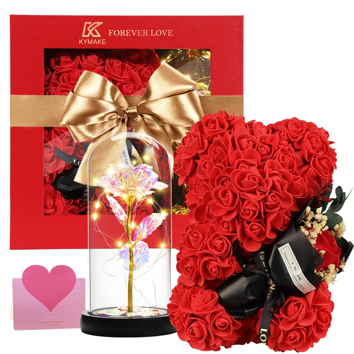 Mothers Day Rose Gifts for Mom Women Wife Girlfriend, Rose Bear & Beauty and the Beast-Inspired Rainbow Light-Up Roses Gift Set – Perfect for Valentine’s, Birthday Mother’s Day and Anniversary