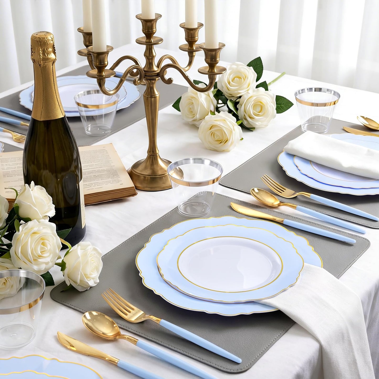WDF 150pieces Baby Blue Plastic Plates with Gold Rim - Disposable Gold Plastic Silverware With Blue Handle-Baroque Light Blue&Gold Disposable Plates Dinnerware for Wedding/Party/Baby Shower