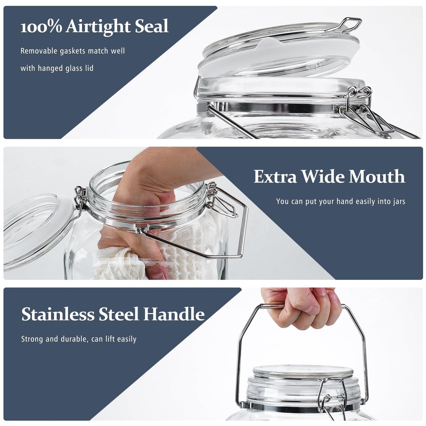 [Upgrade] 2 Gallon Glass Jars with Airtight Lids, 7400 ml Large Wide Mouth Glass Mason Jars with Stainless Steel Handle, Big Storage Jars with Lids, 2 Scale Markings Cereal Containers Storage