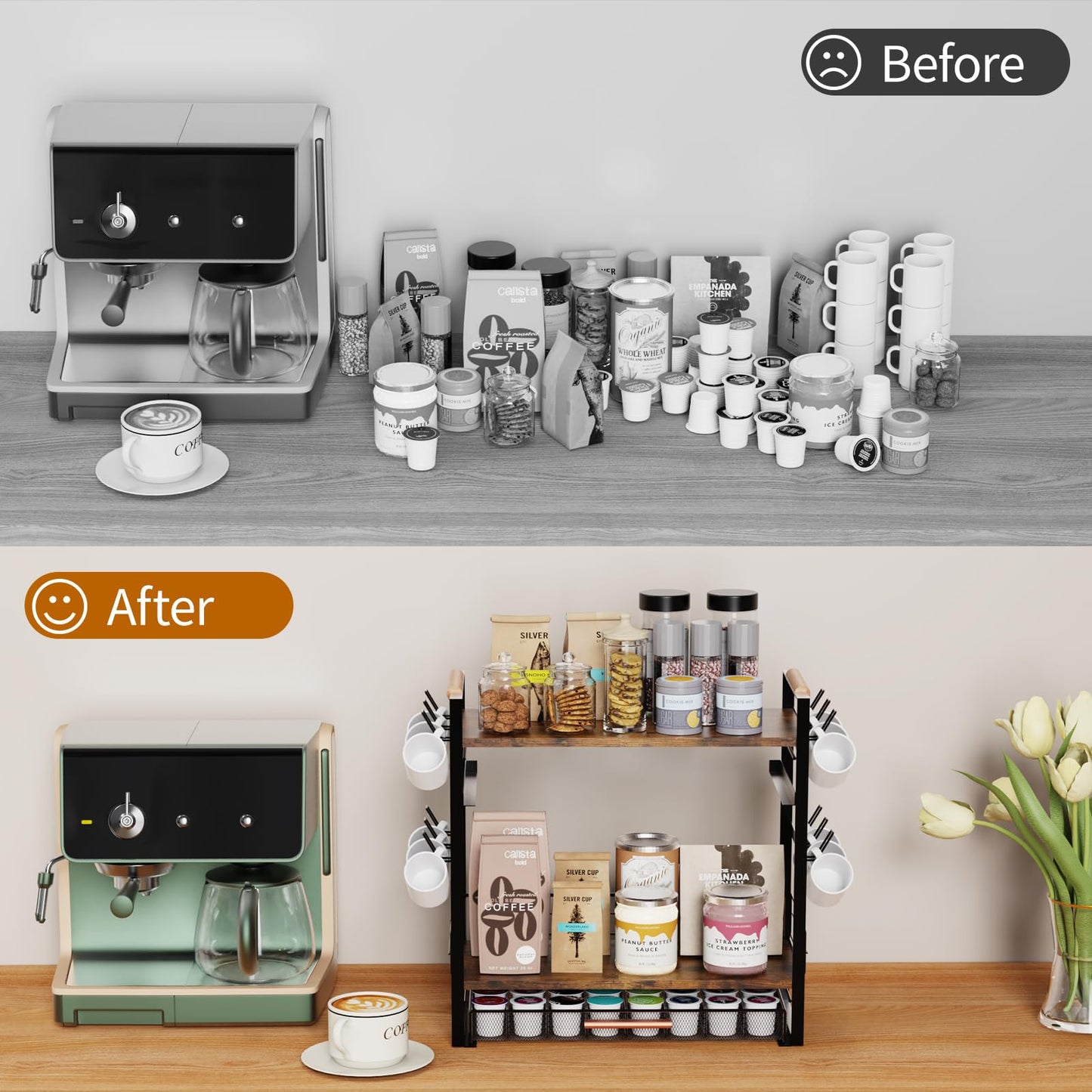 Coffee Bar Station Organizer for Countertop - 32 Pod for K Cup Holder with Drawer and 12 Mug Holder, 3 Tier Coffee Bar Accessories (Black, 3-Tier with 1 drawer)