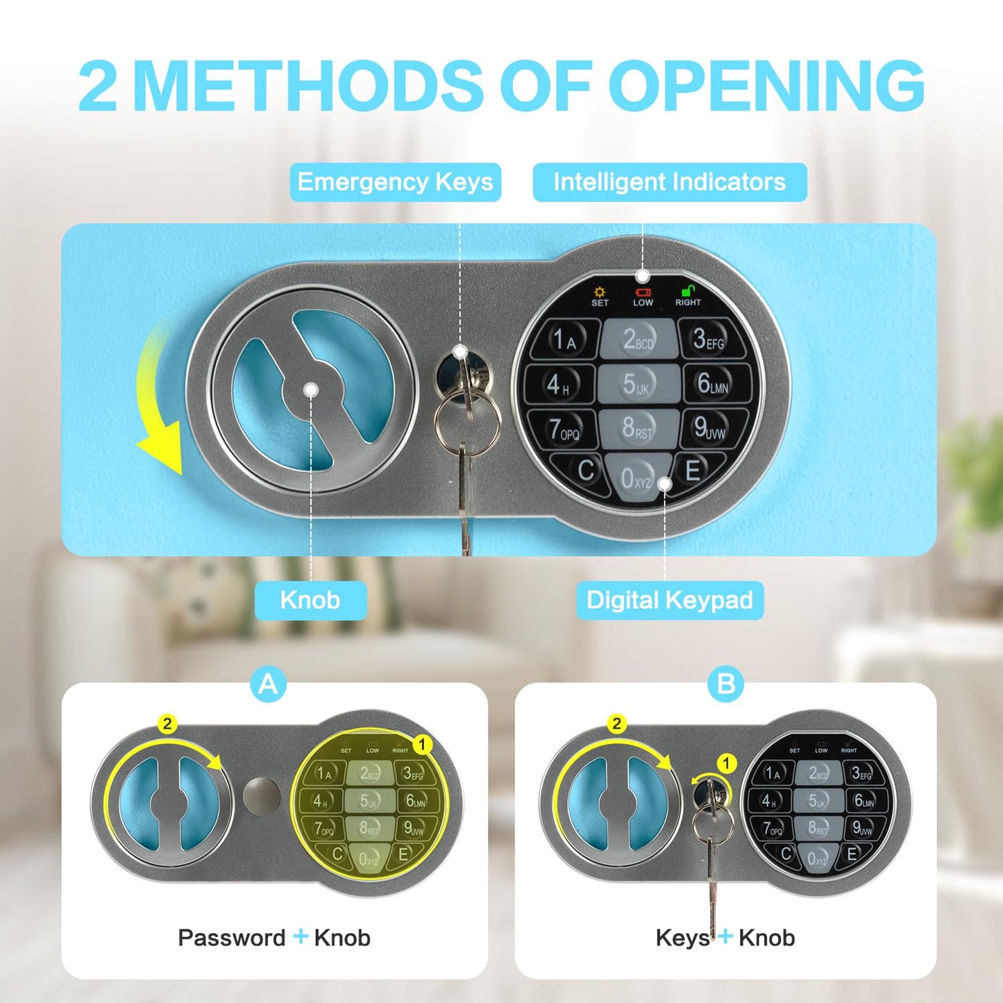 0.23 Cubic Feet Safe Box, Small Safe W/Fireproof Bag, Keys & Pass Code, Digital Electronic Security Money Box for Cash, Document, Home, Office, Hotel Use, Blue, 6.69"D x 9.06"W x 6.69"H