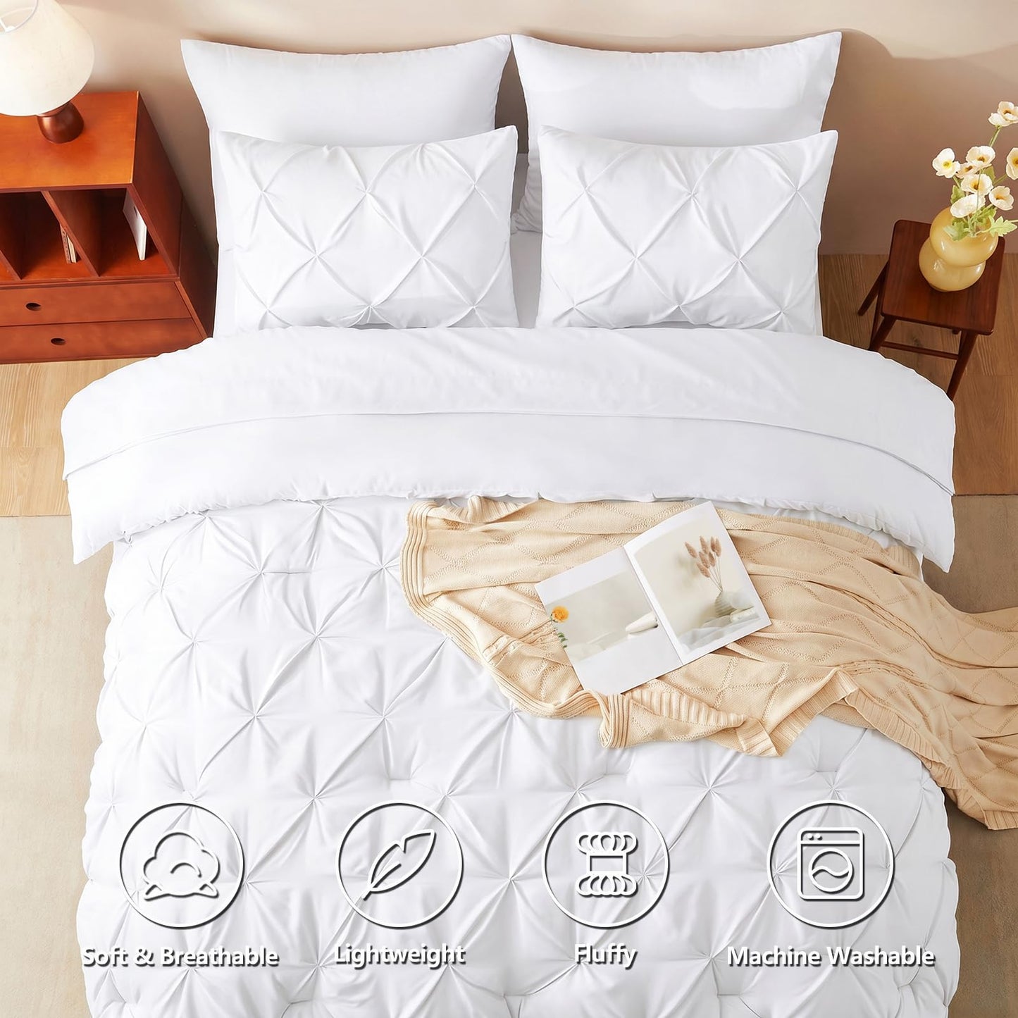 HIMEET King Size Comforter Set White - 7 Pieces Pintuck Bed in a Bag, Pinch Pleat Modern Room Decor, All-Season Soft Bedding Gift with Comforter, Sheets, Pillowcases & Shams