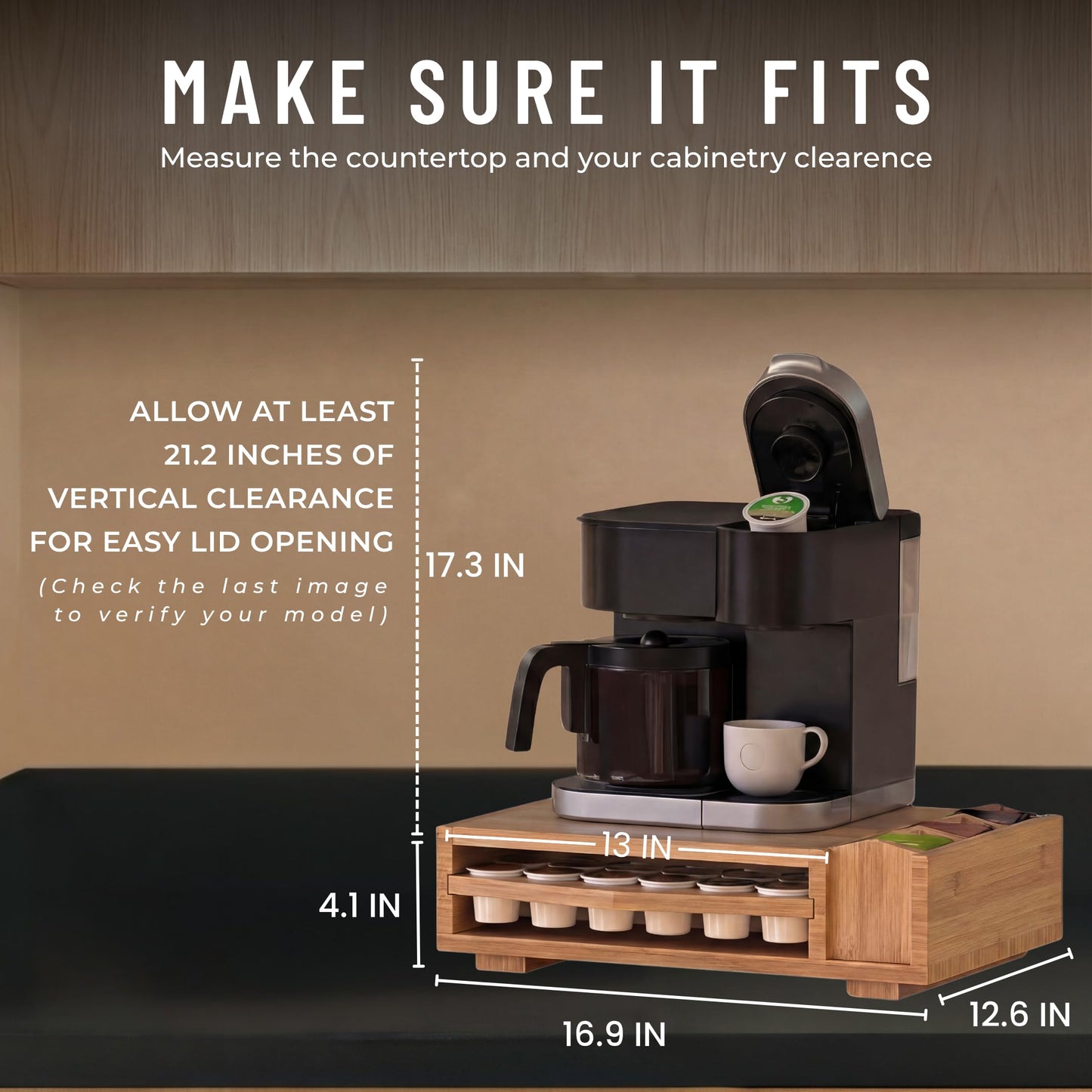 HAUSFY Bamboo Keurig Pod Organizer, Large 36 K-Cup Capacity Aesthetic Under Machine K-Cup Storage Drawer, Space-Saving Keurig Stand With Storage, 3 Slots For Tea & Spoons, Fits Keurig Brewers