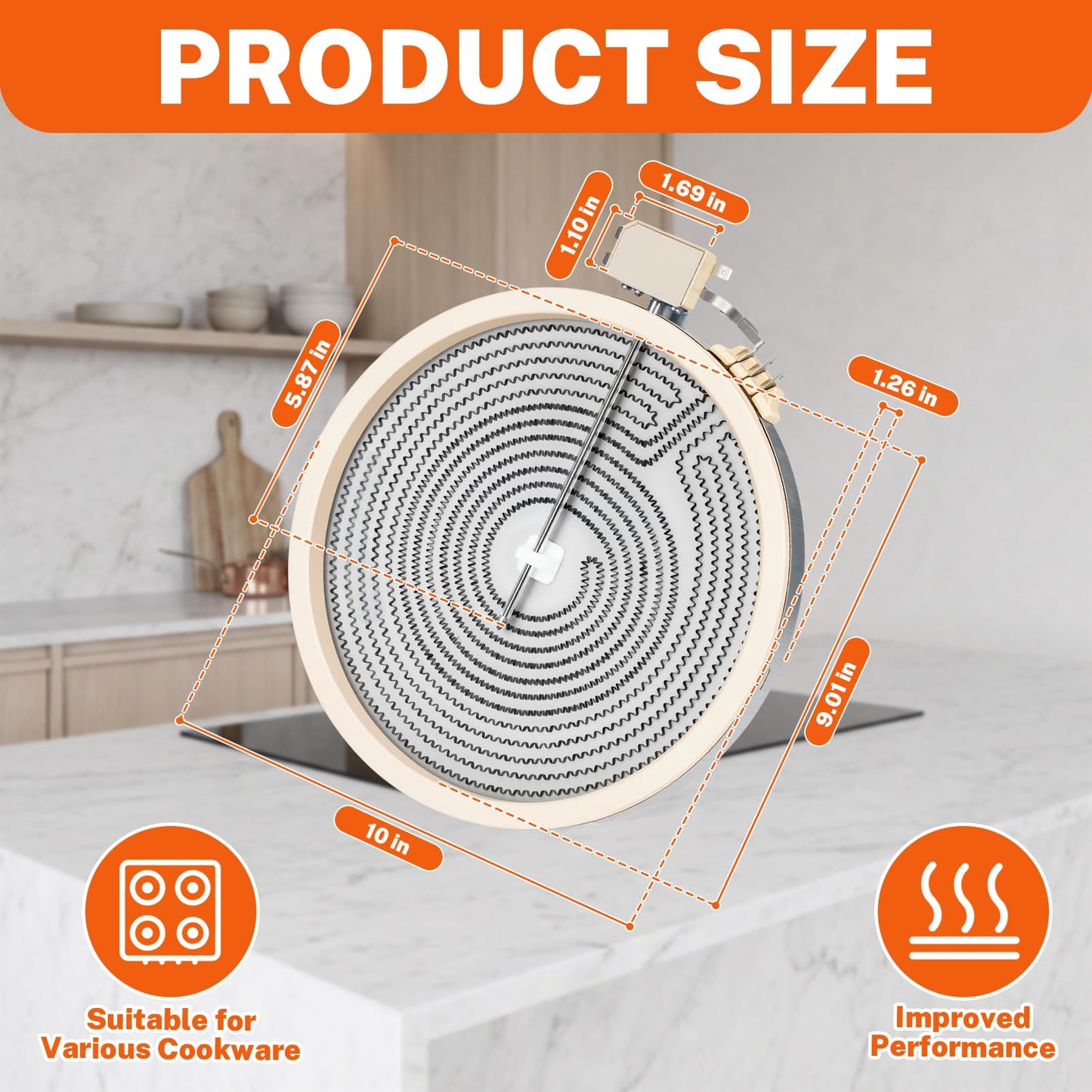 Upgraded W11517959 10-In Dual Range Radiant Surface Element Compatible with Whirlpool Ken-more May-tag Electric Range, W10275048 Dual Surface Burner Element Replaces W10169799 W10823729