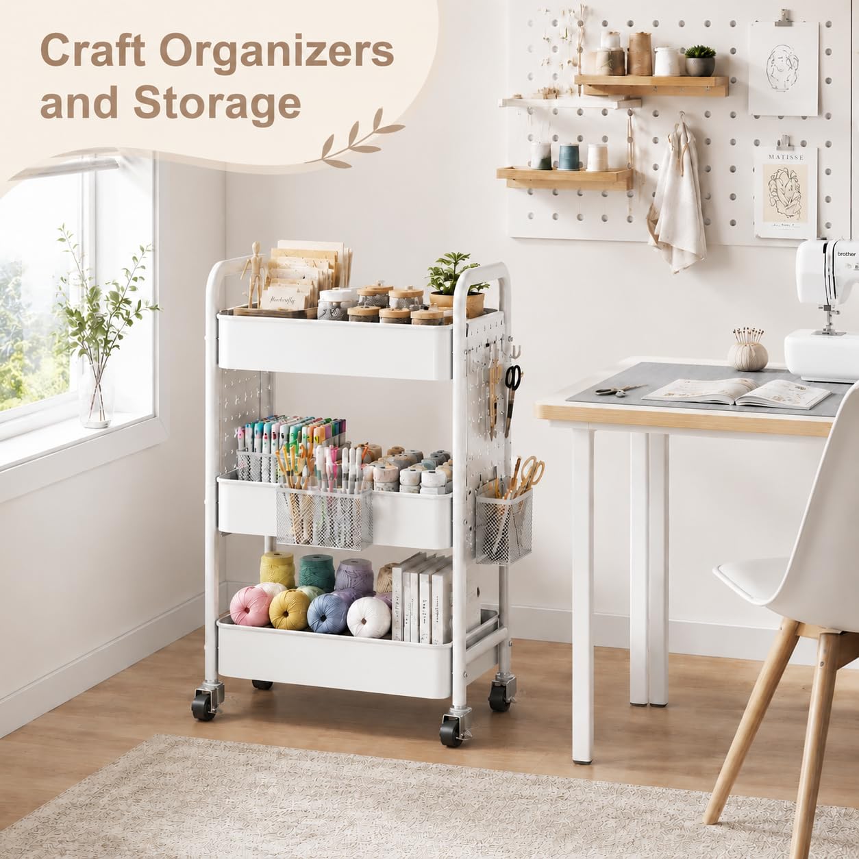 3 Tier Rolling Cart Metal with DIY Pegboard, White Rolling Cart on Wheels for Art Supply Organizer, Three Tiered Craft Organizers and Storage Cart, Utility Hobby Carts for Baby Diaper Caddy,Nail,Book