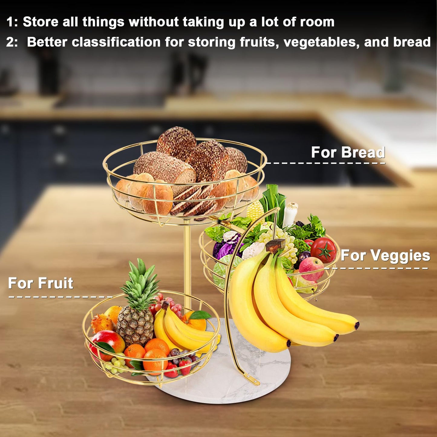 Livabber Fruit Basket Bowl with Banana Hanger, Metal Fruit Vegetable Storage Basket with Banana Holder for Kitchen Counter, Detachable Organizer for Bread Snack Produce (Gold, 3-Tier Marble Base)