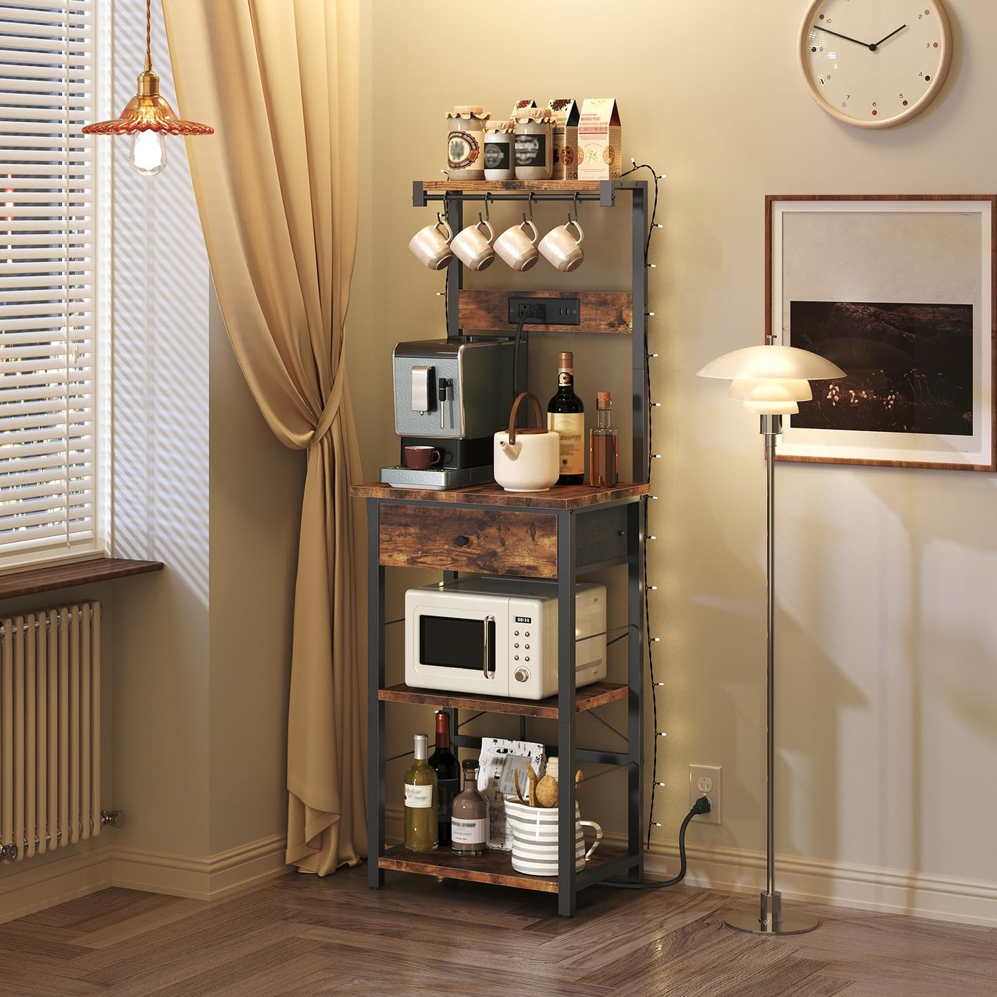 MAHANCRIS Bakers Rack with Drawer, Microwave Stand with Power Outlet, Coffee Bar Station with 4 Hooks, Kitchen Storage Shelf Rack 4 Tiers, for Kitchen, Dining Room, Rustic Brown and Black BRHR48E01