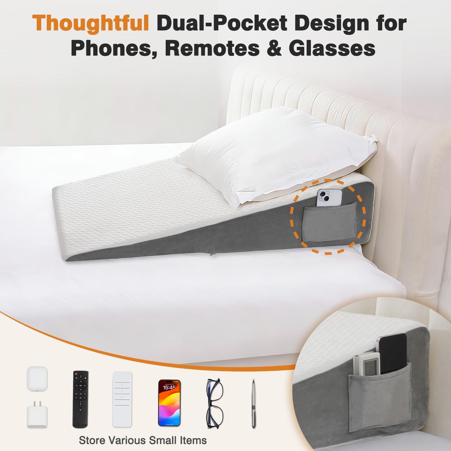Vekkia 34" Extra-Long Wedge Pillow, Back & Arm Support, Bed Wedge Pillow for Sleeping After Surgery, Acid Reflux, Snoring Relief, Removable Washable Cover & Double Side Pockets, 7.5" Height, Gray