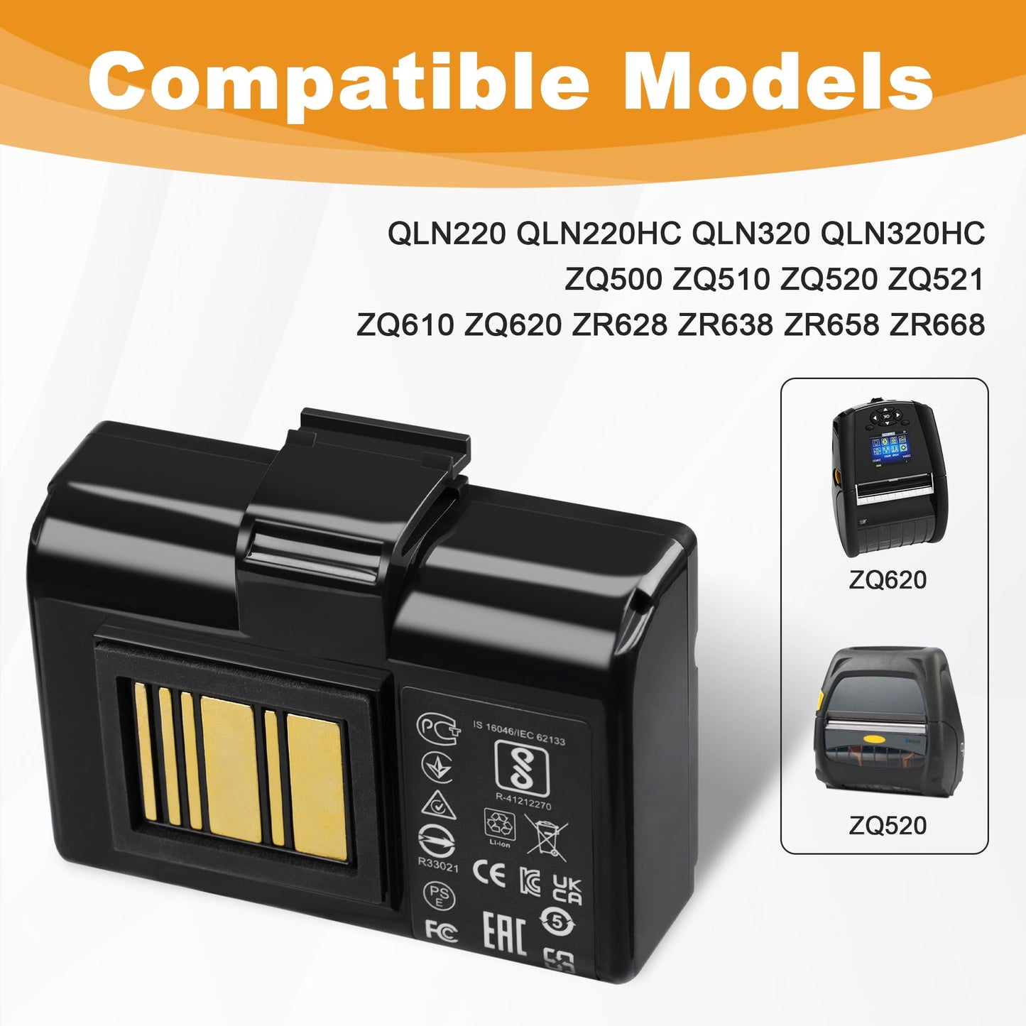 for Zebra Printer ZQ520 Battery Replacement: ZQ520 ZQ620 ZQ510 QLN320 QLN220 QLN220HC QLN320HC ZQ500 ZQ521 ZR628 ZR638 ZQ610 ZR658 ZR668 Lithium Battery 3400mAh