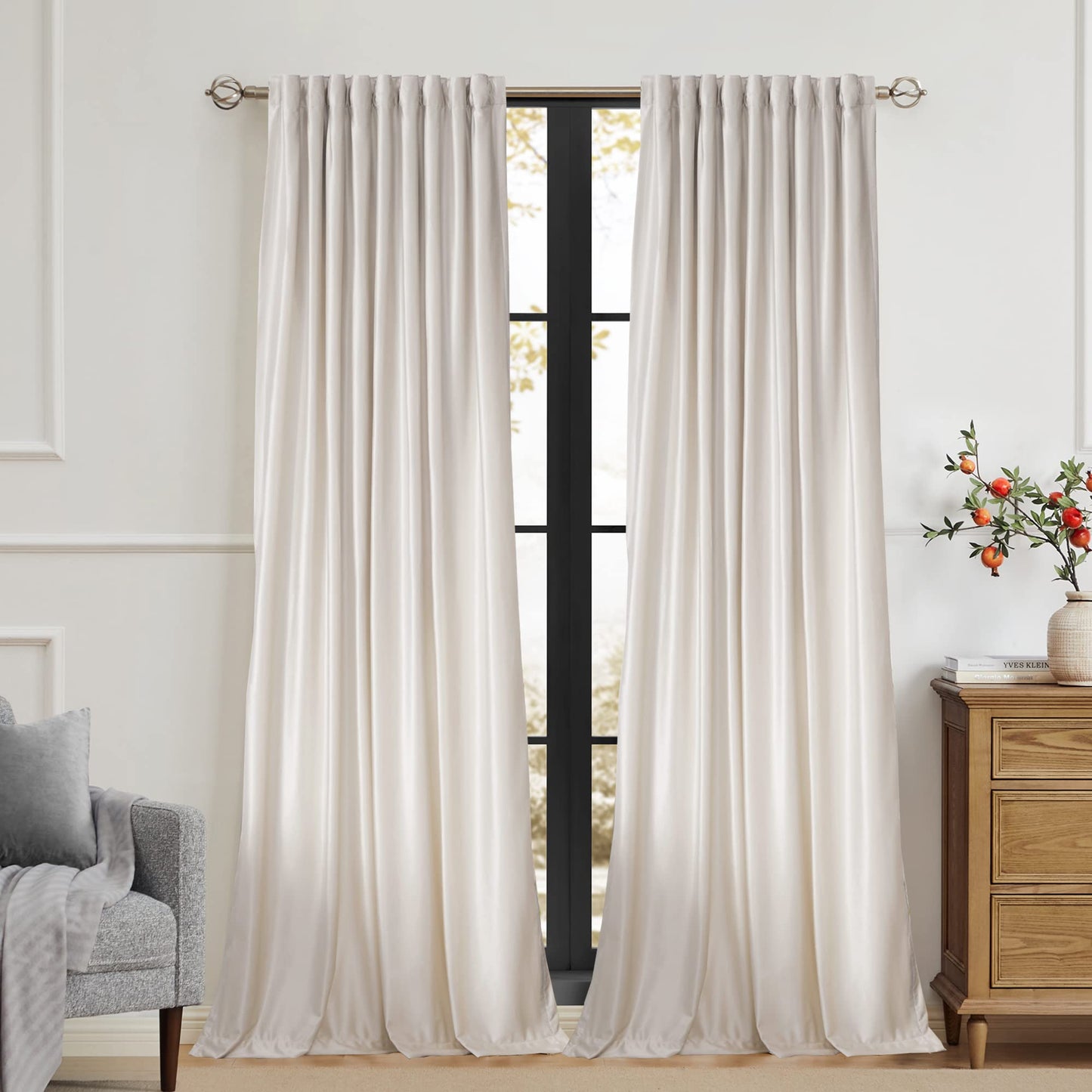 100% Blackout Ivory Off White Velvet Curtains 108 inch Long for Living Room,Set of 2 Panels Liner Rod Pocket Back Tab Thermal Window Drapes Room Darkening Heavy Decorative Curtains for Bedroom