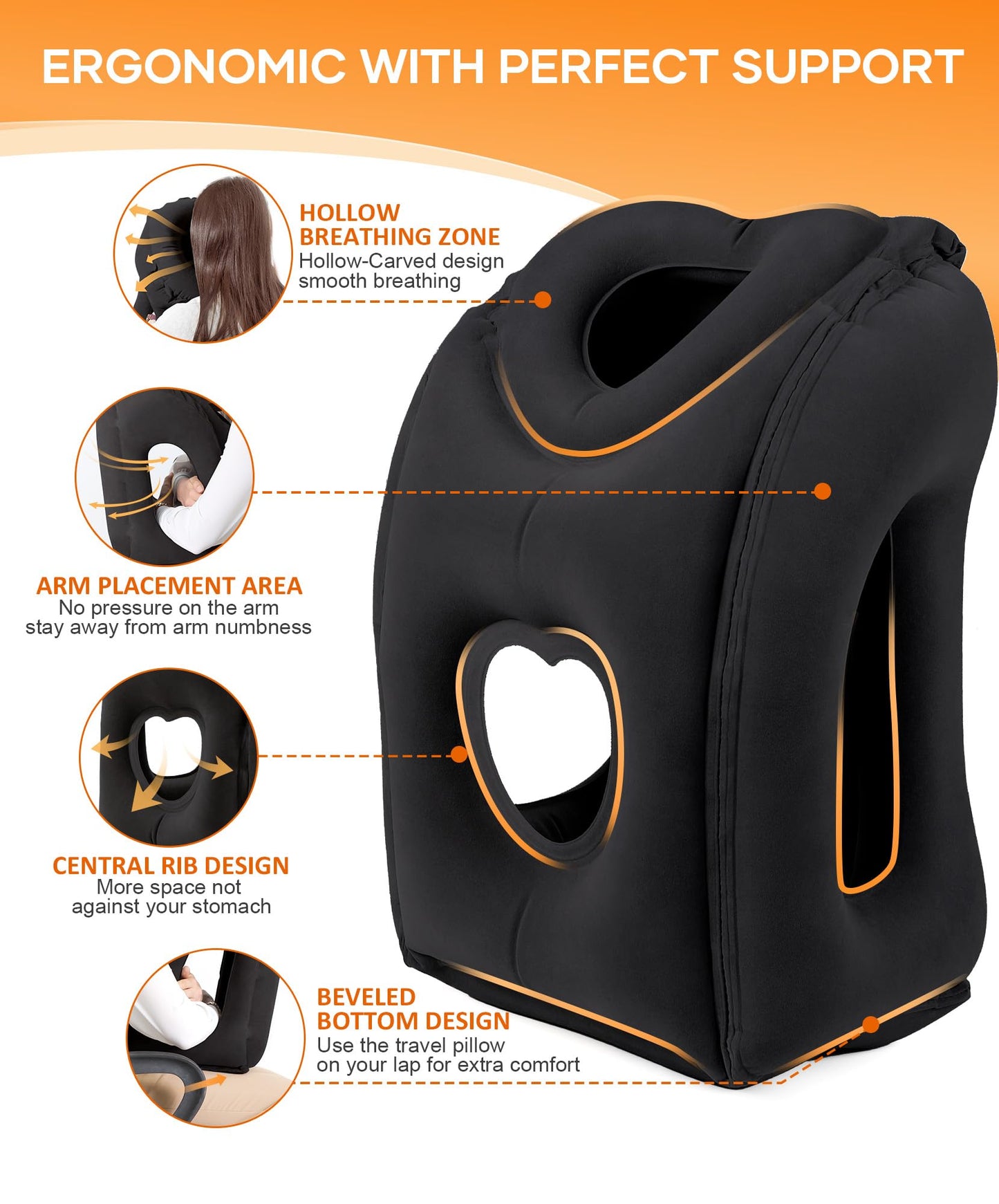 Sunany Travel Pillow, Upgraded Plane Pillow for Long Flights, Inflatable Neck Pillow Used for Airplanes,Cars,Buses,Trains,Office Napping with Eye Mask,Earplugs (Black)
