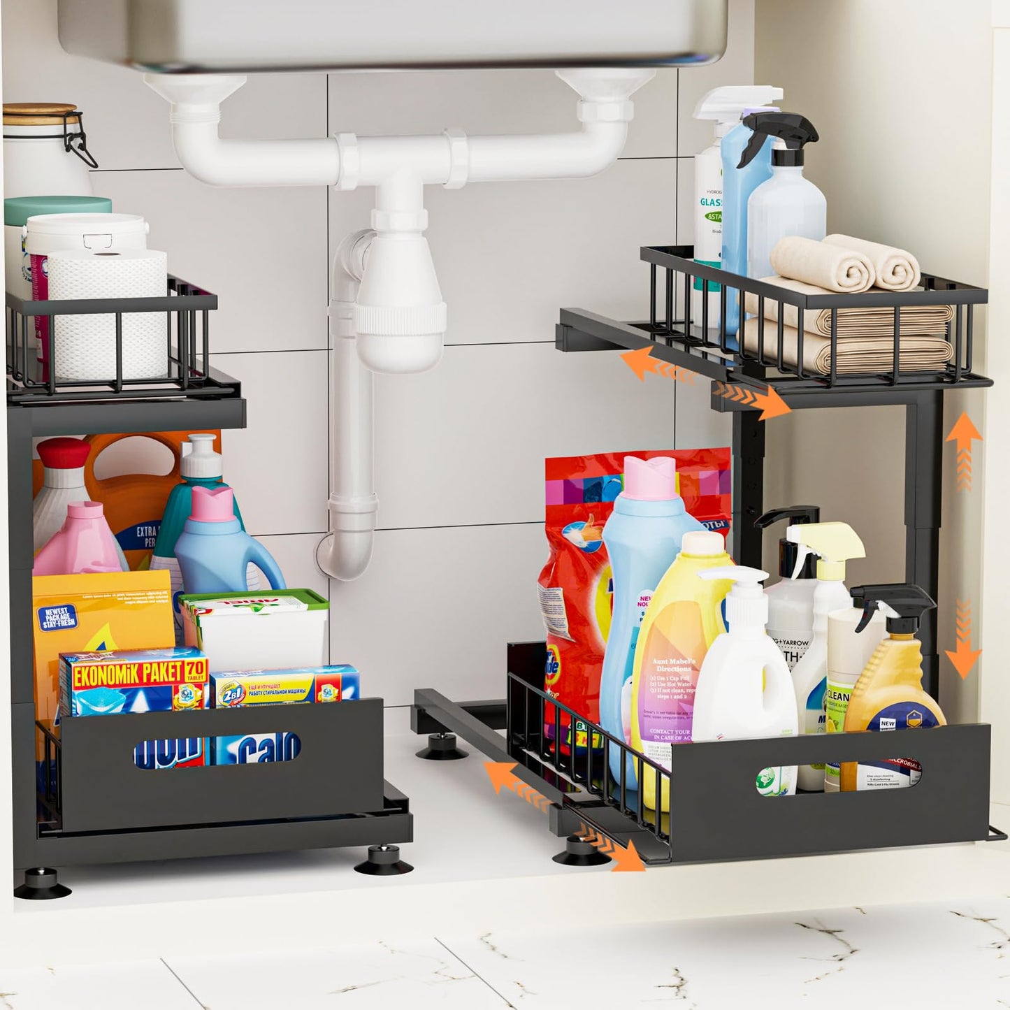 Toyear Under Sink Organizer, Heavy Duty Metal Pull Out Cabinet Organizer Slide Out Sink Shelf Organizer Height Adjustable, Multi-Purpose Storage Shelf for Kitchen Bathroom(Black,2Pack)