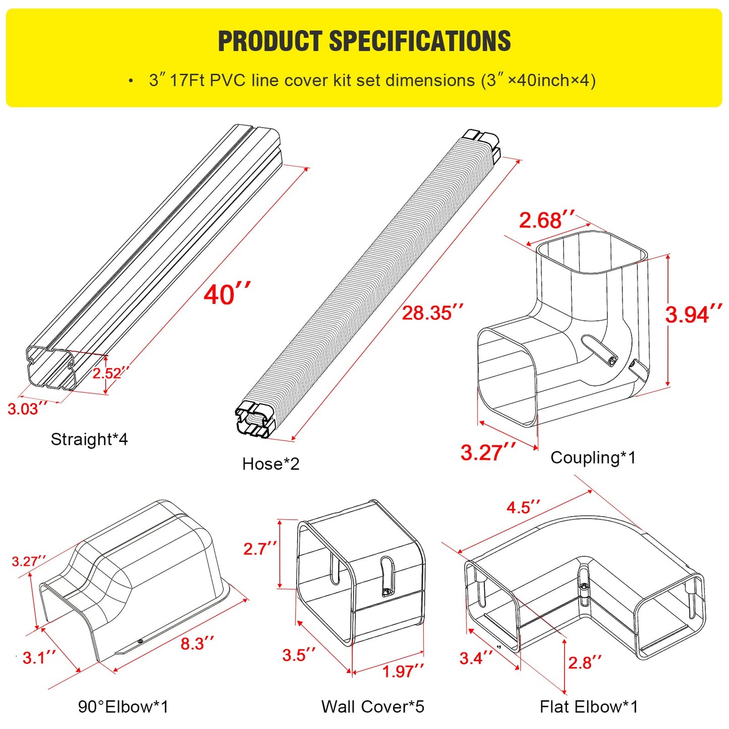 DWALE 3" 17Ft PVC Decorative Line Set Cover Kit, Mini Split line Set Cover,for Ductless Mini Split Air Conditioner and Central AC and Heat Pumps