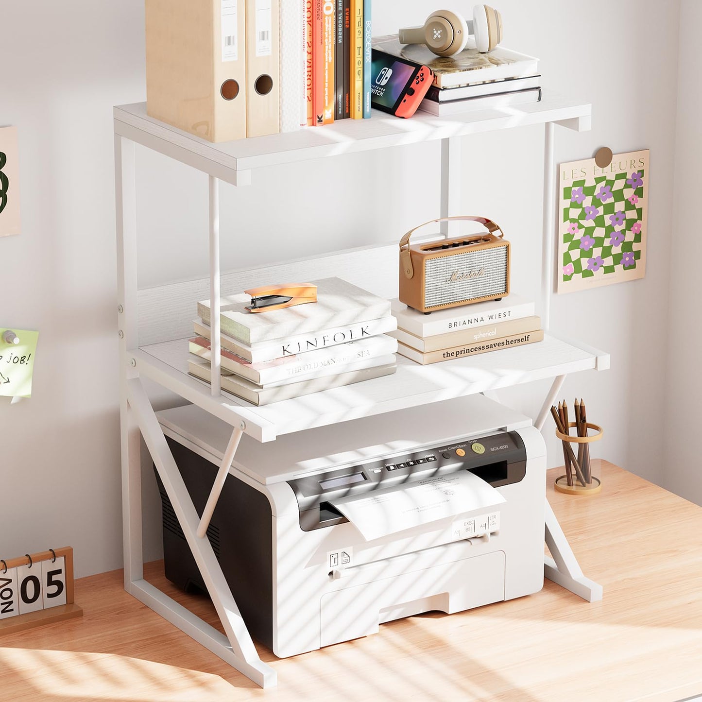 aboxoo Printer Stand for Desk, Desktop Printer Shelf Large 3-Tier Multi-Purpose Office Organization Shelves for Home Office, White