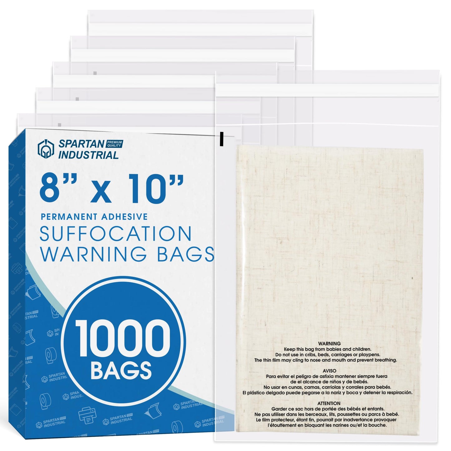 Spartan Industrial - 8" X 10" (1000 Count) Self Seal Clear Poly Bags with Suffocation Warning - Permanent Adhesive