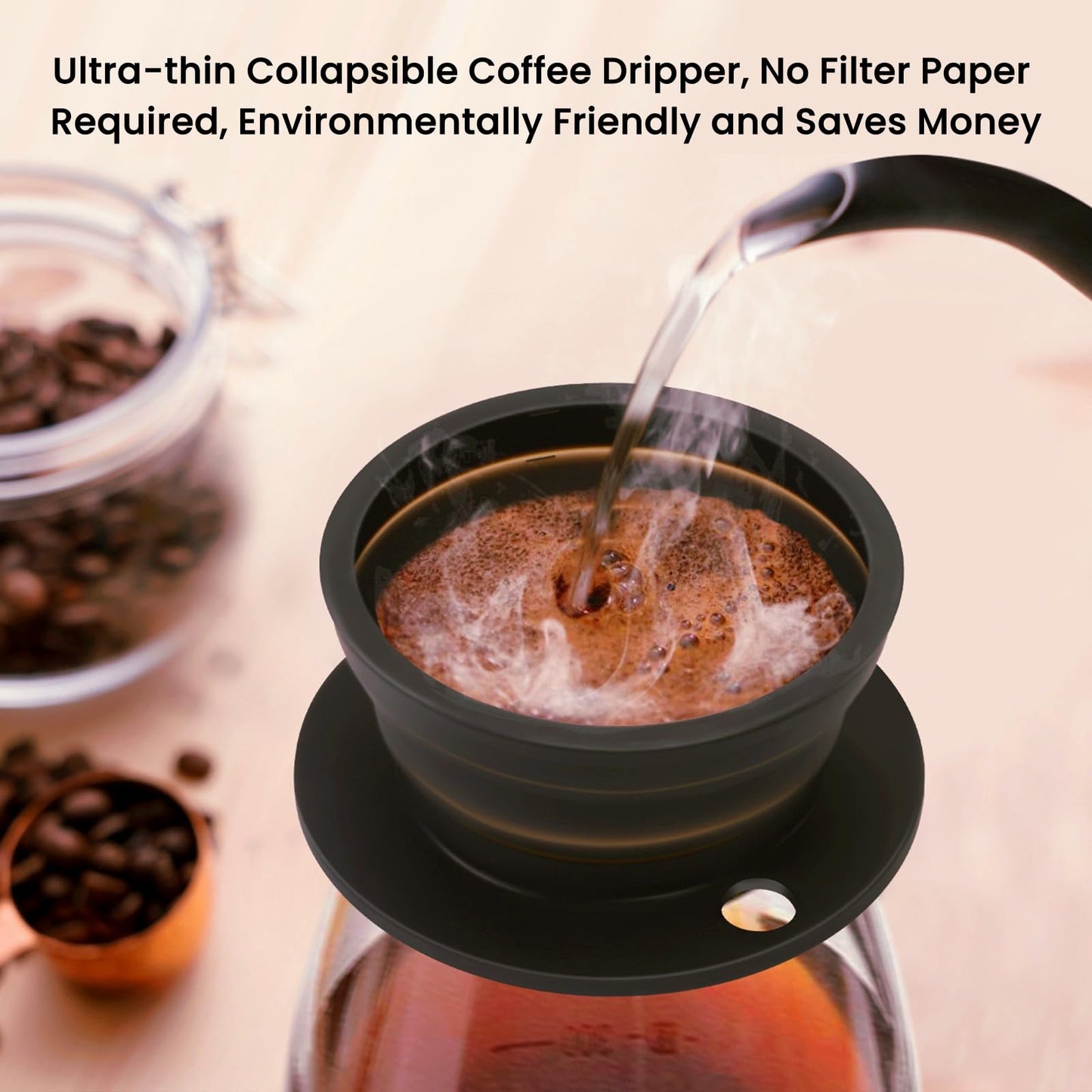 DOFQQG Travel Electric Kettle Small, Collpasible Electric Kettle, Portable Tea Kettle + Paperless Collapsible Pour Over Coffee Dripper, Travel Pour Over Coffee Maker Camping Single Cup (Black)