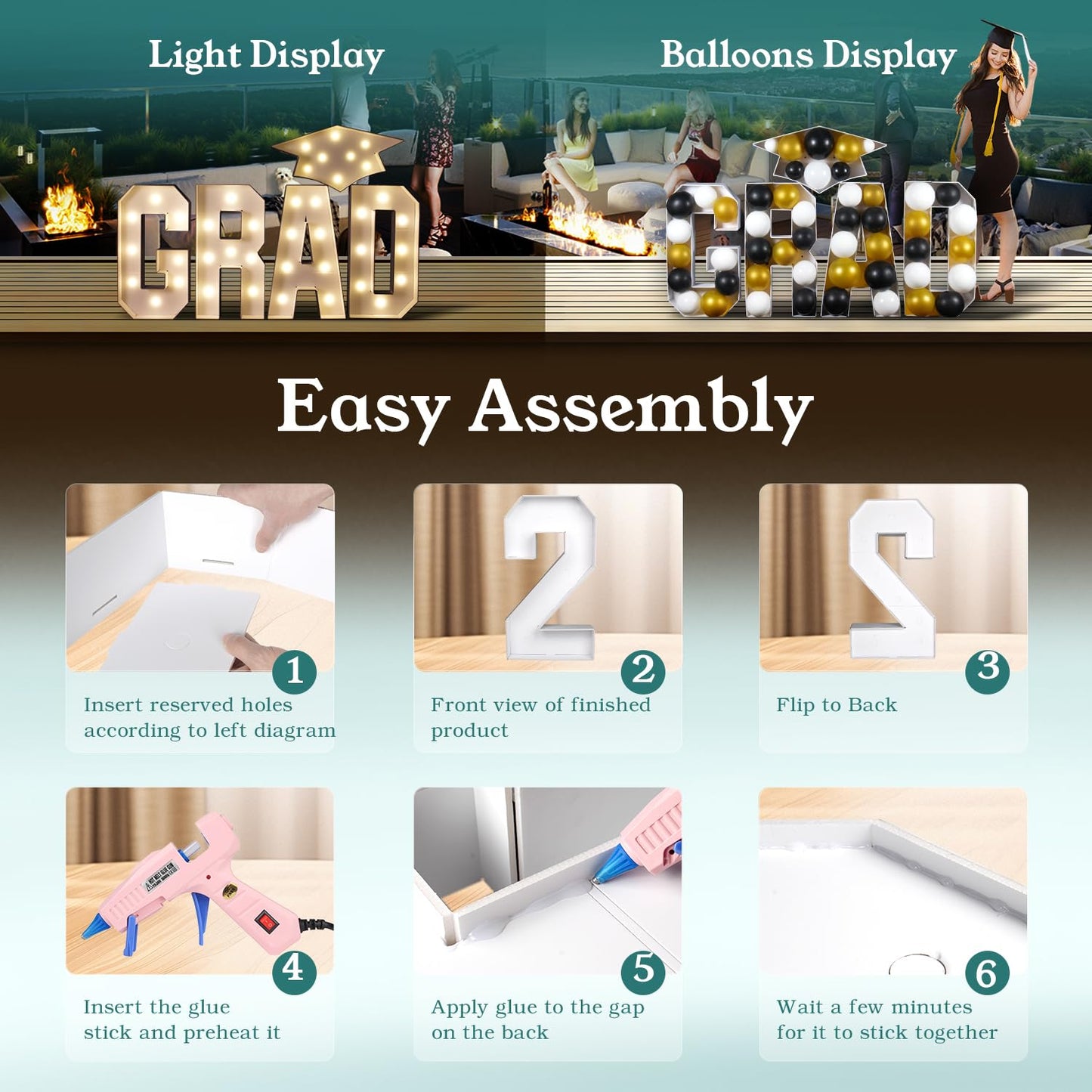2026 Graduation Party Decorations - 2.3FT Pre-Cut GRAD Marquee Letters Sign with Light - Mosaic Foam Board Includes Glue Gun Balloons for Kindergarten Preschool College Prom