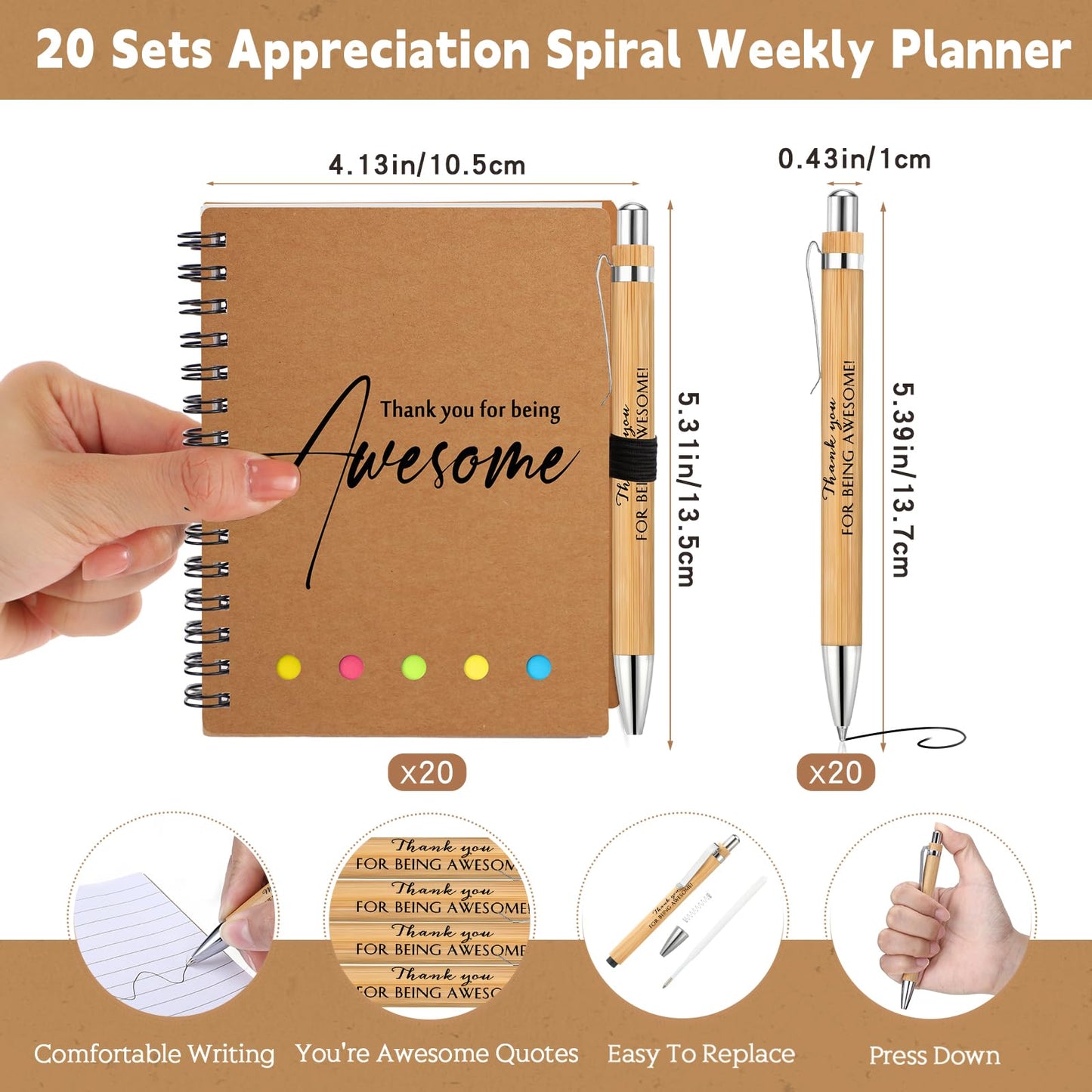 20 Sets Employee Appreciation Gift Bulk for Nurse Teacher Thank You Being Awesome Weekly Planner Notebook Pen Sticky for End of Year Teacher Nurse Staff Coworker Graduation (Bamboo,Kraft Colors)
