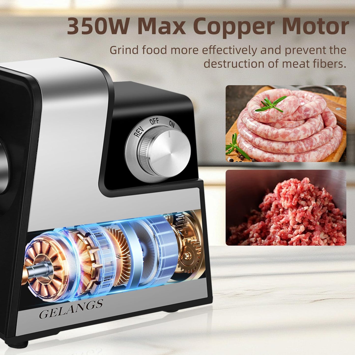 GELANGS Electric Meat Grinder, 350W （MAX2800W）Heavy Duty Stainless Steel Food Grinder with Sausage Stuffer Tubes & Kubbe Kit, 3 Grinding Plates for Home Kitchen Use