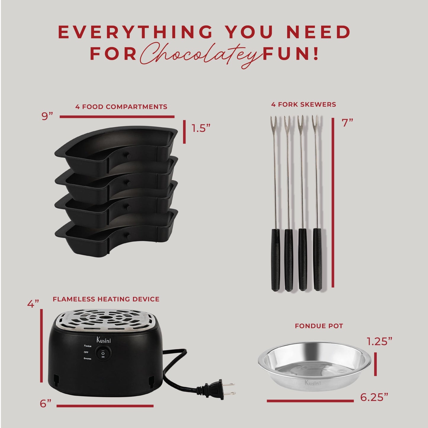 Kusini 2 in 1 Electric Fondue Set & Smores Maker Tabletop Indoor Kit with Removable Trays & 4 Skewers – Smores Station Chocolate Melting Pot - Unique Couple Gift Set Idea, Date & Movie Night Supplies