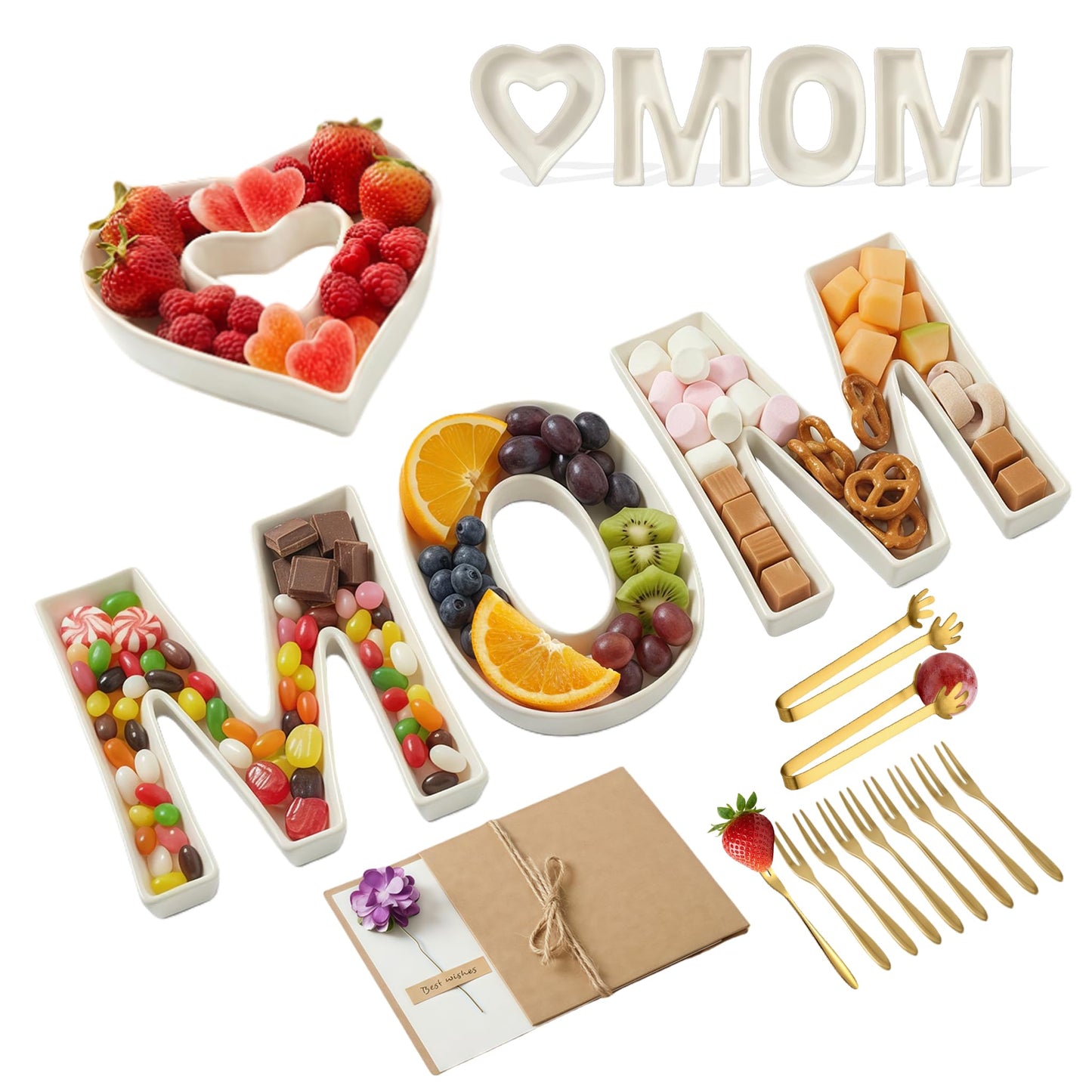 Mother’s Day & Birthday Gifts for Mom - Ceramic "MOM" Letter Candy Dishes & Charcuterie Board Set with 12 Gold Serving Utensils & 3D Greeting Card - Unique Table Decor for Party & Afternoon Tea