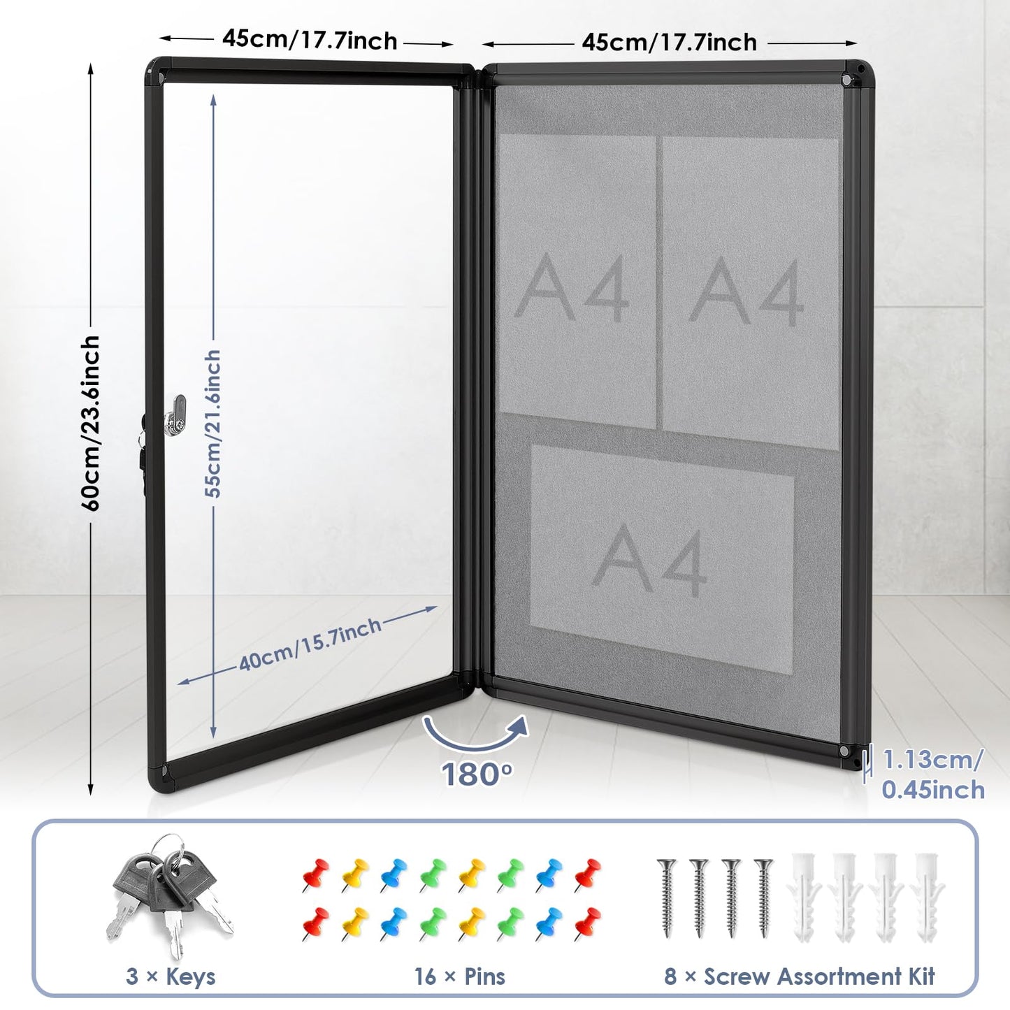 EVERSUPPLY Enclosed Bulletin Board 24x18 in, Lockable Felt Board Bulletin Board for Office School Home Commercial, Tamperproof and Shatter Resistant, Black Aluminum Frame, Grey Felt