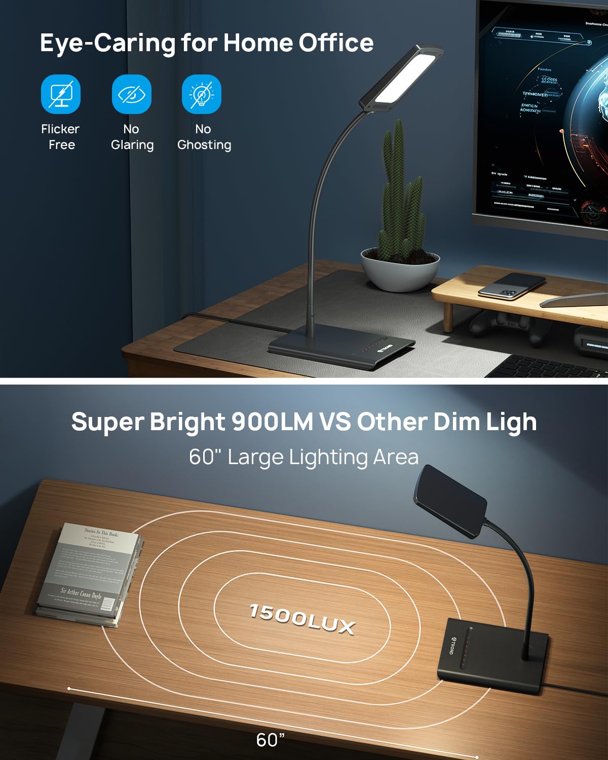 TROND Desk Lamp, Bright Dimmable Eye-Caring Table Lamp, 3 Color Modes 7 Brightness Levels, Flexible Gooseneck, Touch Control, Memory Function, Desk Light for Home Office Dorm Room Essentials, Black