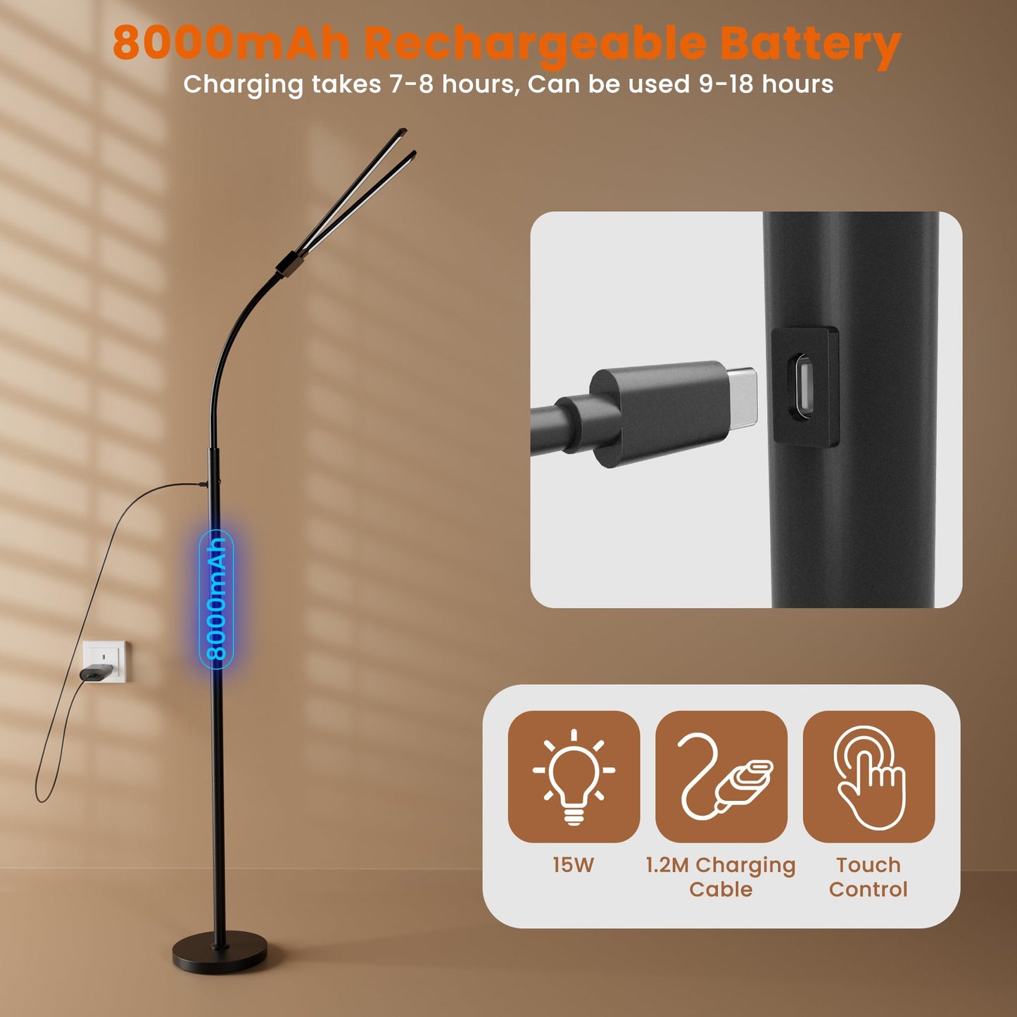Cordless Floor Lamp Rechargeable LED - Battery Operated 8000mAh, Dual Head Gooseneck Reading Light with Touch Control, IP54 Waterproof Portable Floor Lamp for Living Room Bedroom Outdoor Emergency