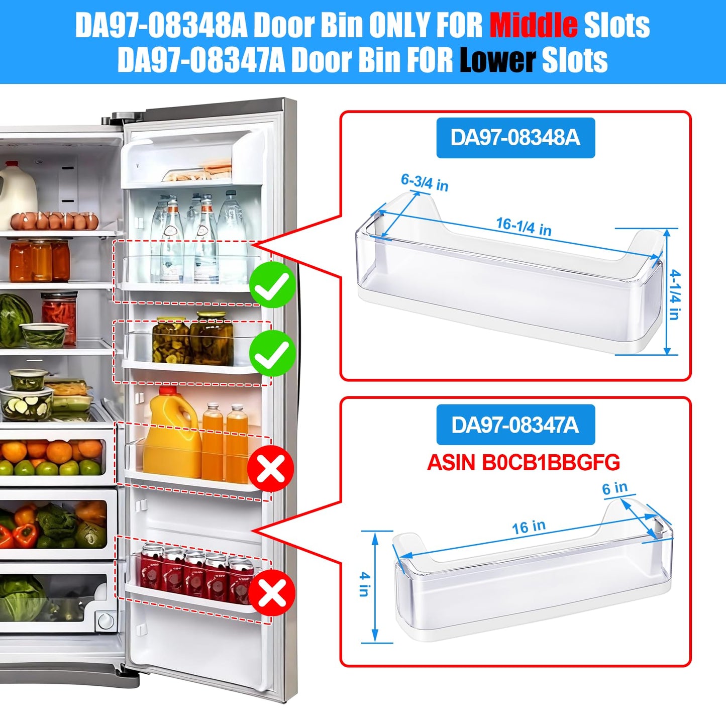 (2 PACK) UPGRADED DA97-08348A Refrigerator Door Shelf Bin Compatible with Samsung Refrigerator Part RS265TDRS RS25H5111BC RS25H5111SR Door,For DA63-05215A Samsung Middle Door Bin Shelves Replacement