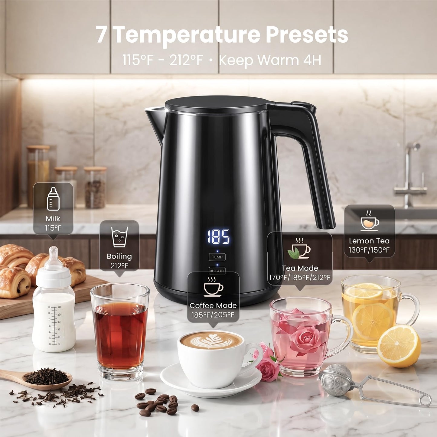 Electric Kettle with Digital Display & Temperature Control, 1.0L Stainless Steel Water Boiler, 1200W Fast Boiling, 4H Keep Warm, BPA-Free Auto Shut-Off, Tea Coffee Kettle for Home Office 120V, White