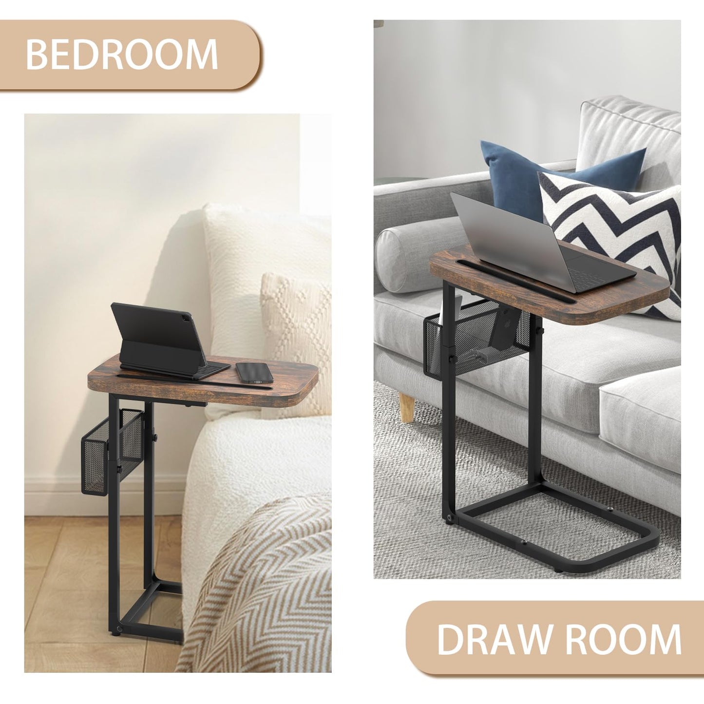 Fashion TV Tray Table with Large Tabletop, Adjustable Sofa Table with Storage Baskets, Strong Metal Frame, Tv Dinner Tray Table for TV Watching, Meals, Snacks (Square, Brown, 16.93inch x 12.6inch)