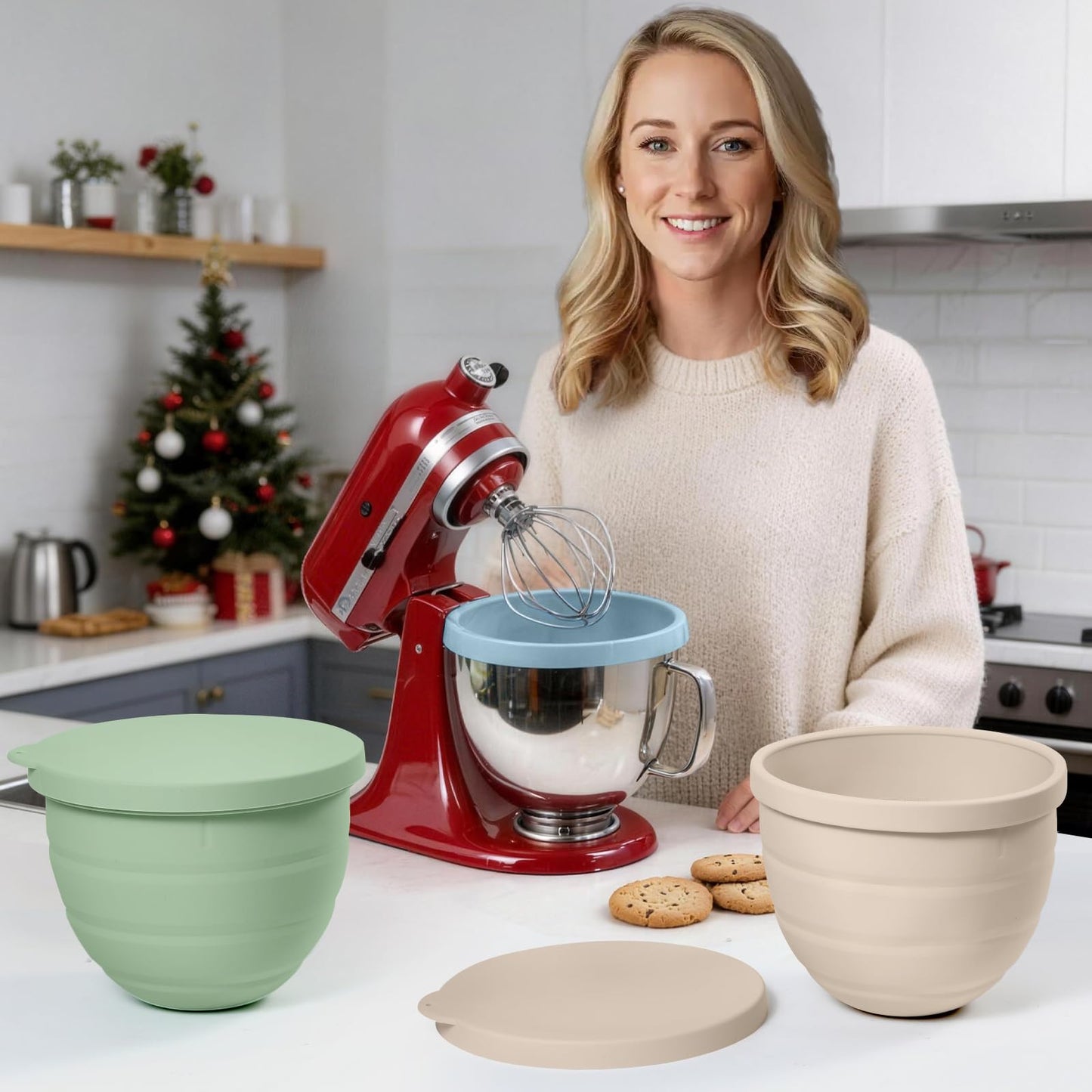 Forenee 5 Qt Collapsible Silicone Liners for KitchenAid Tilt-Head Mixers 3-Pack Bowl Insert Aid Set with Lids, No More Mixer Bowls Needed for Easy Baking