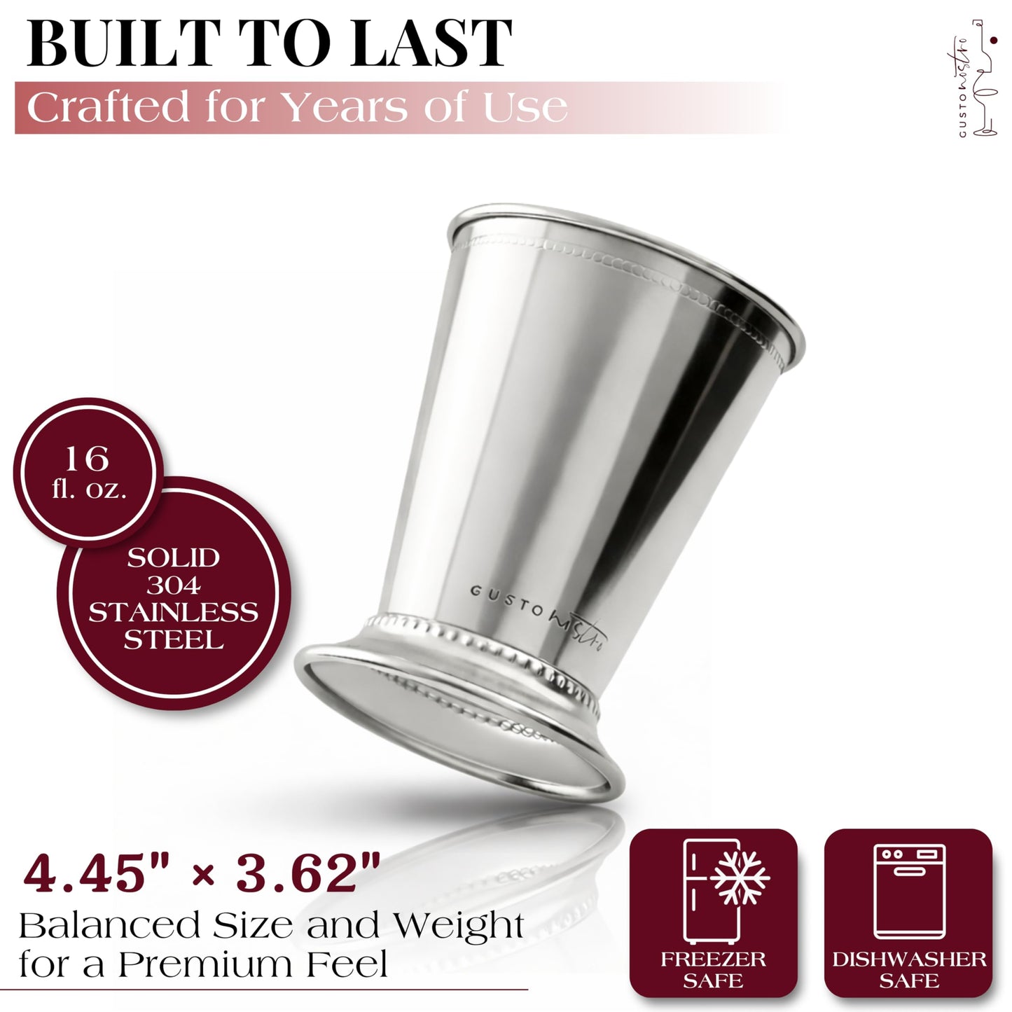 Gusto Nostro Mint Julep Cups Set of 2 - Stainless Steel Julep Cup Kit with Straws, Muddler, Spoon,Recipes, Vases - Southern-style Cocktail Glasses for Home Bar - Stainless Steel Cocktail Cups (Silver)