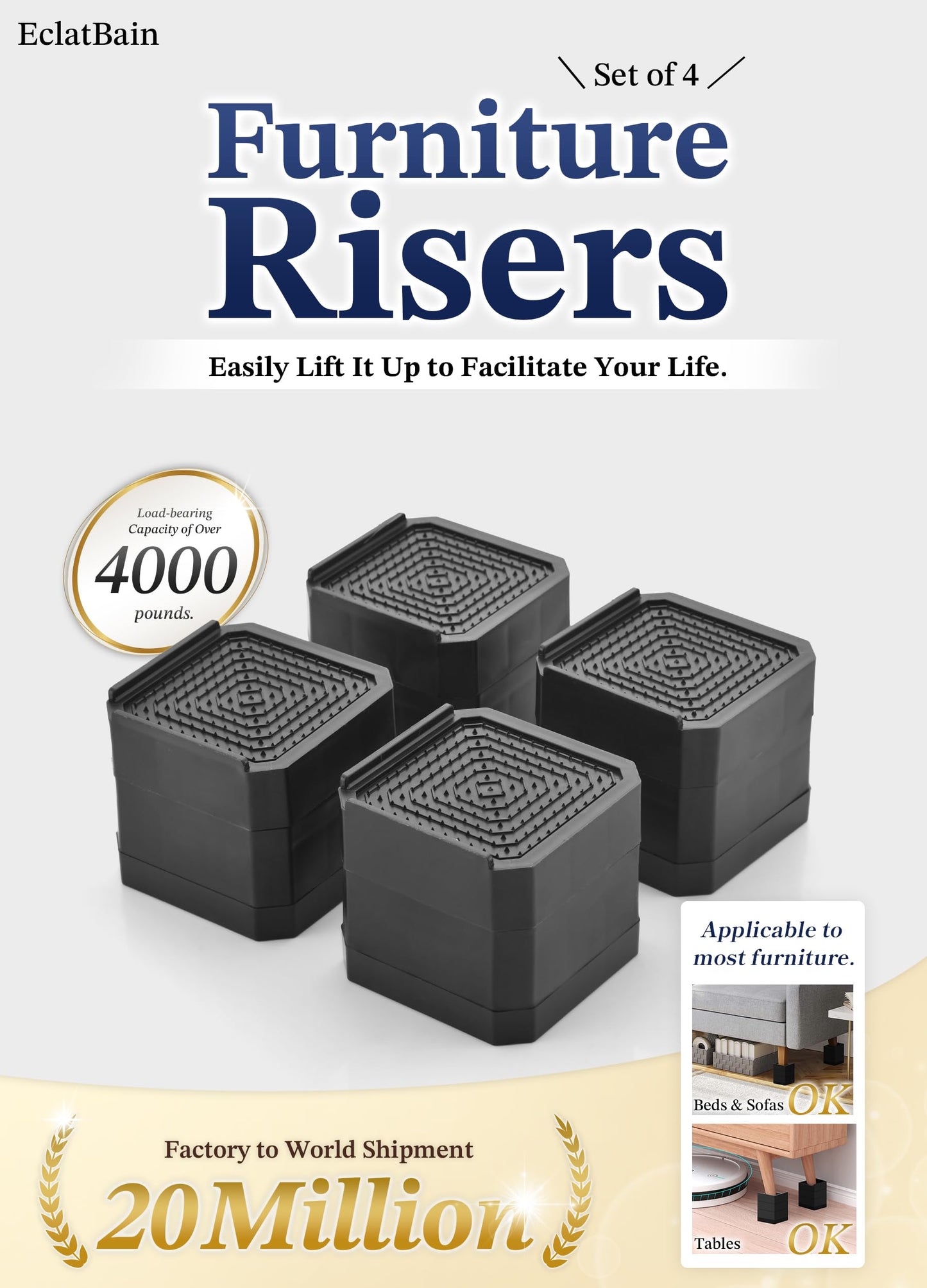 EclatBain Bed Risers Furniture Risers Heavy-Duty Rectangular Adjustable Block 8 Pack Lift to 3 inches and 4.3 inches Desk, Sofa, Chair Legs, Refrigerator, Washing Machine Support up to 4000 pounds