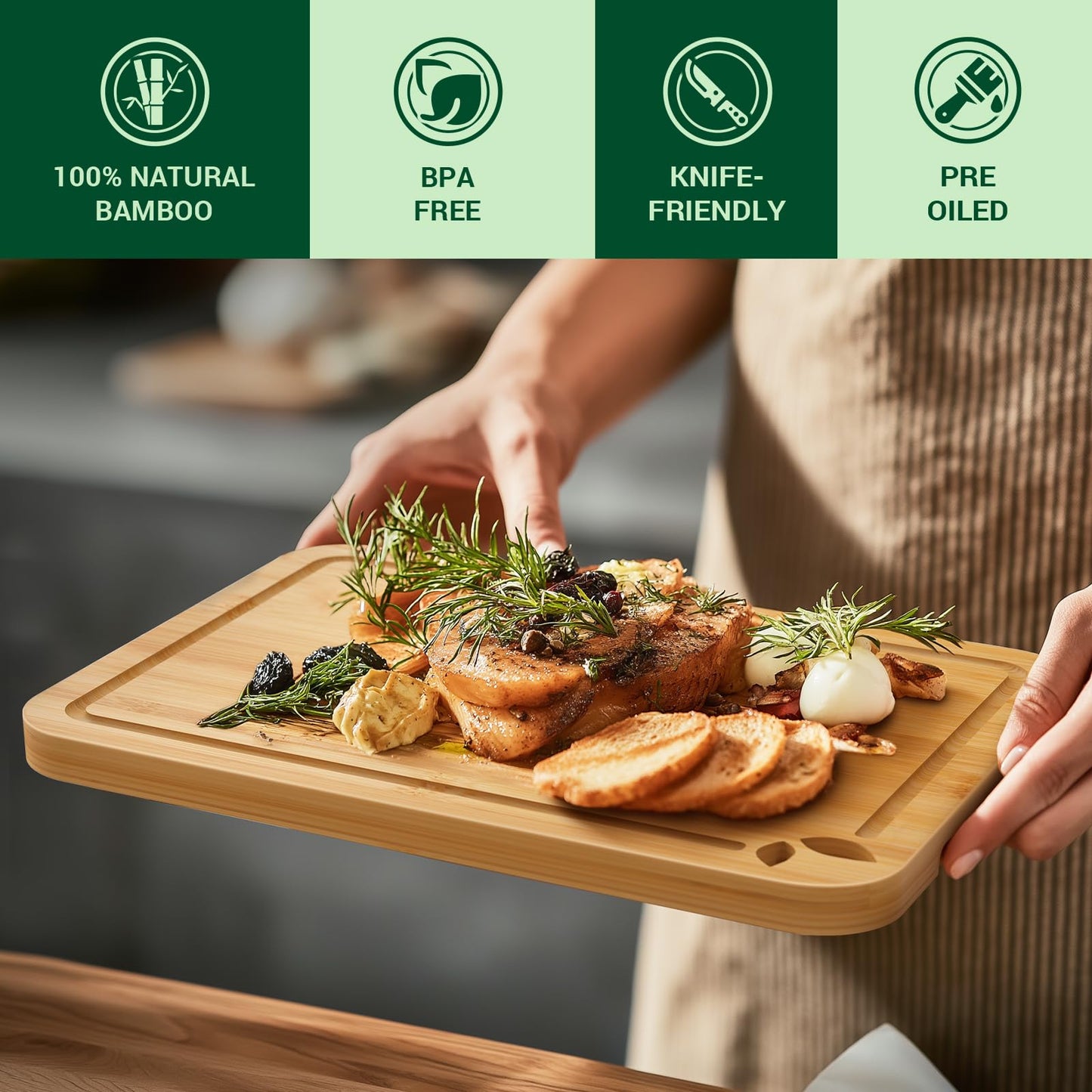 Toolola Bamboo Cutting Boards for Kitchen with Holder & Silicone Mat, Lightweight & Knife-Friendly Wood Cutting Board Set with Side Handles and Juice Grooves, Natural