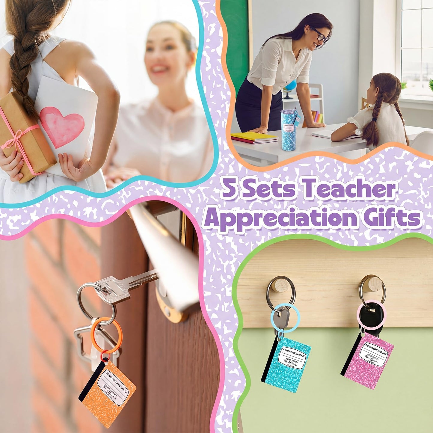 Geiserailie 5 Set Teacher Appreciation Gifts 20 oz Composition Book Tumbler Stainless Steel Cup Composition Keychains Teacher Appreciation Week Gifts Birthday End of Year Graduation (Multicolor)