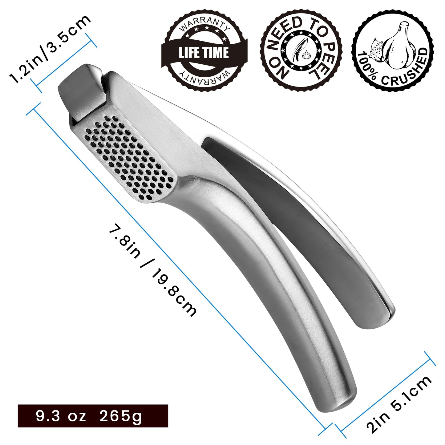 Lifetime Replacement Garlic Press Stainless Steel No Need to Peel, Detachable Handle for Fine Mincing-Premium Garlic Mincer Tool, Rust-Proof, Easy to Clean, Dishwasher Safe Garlic Crusher