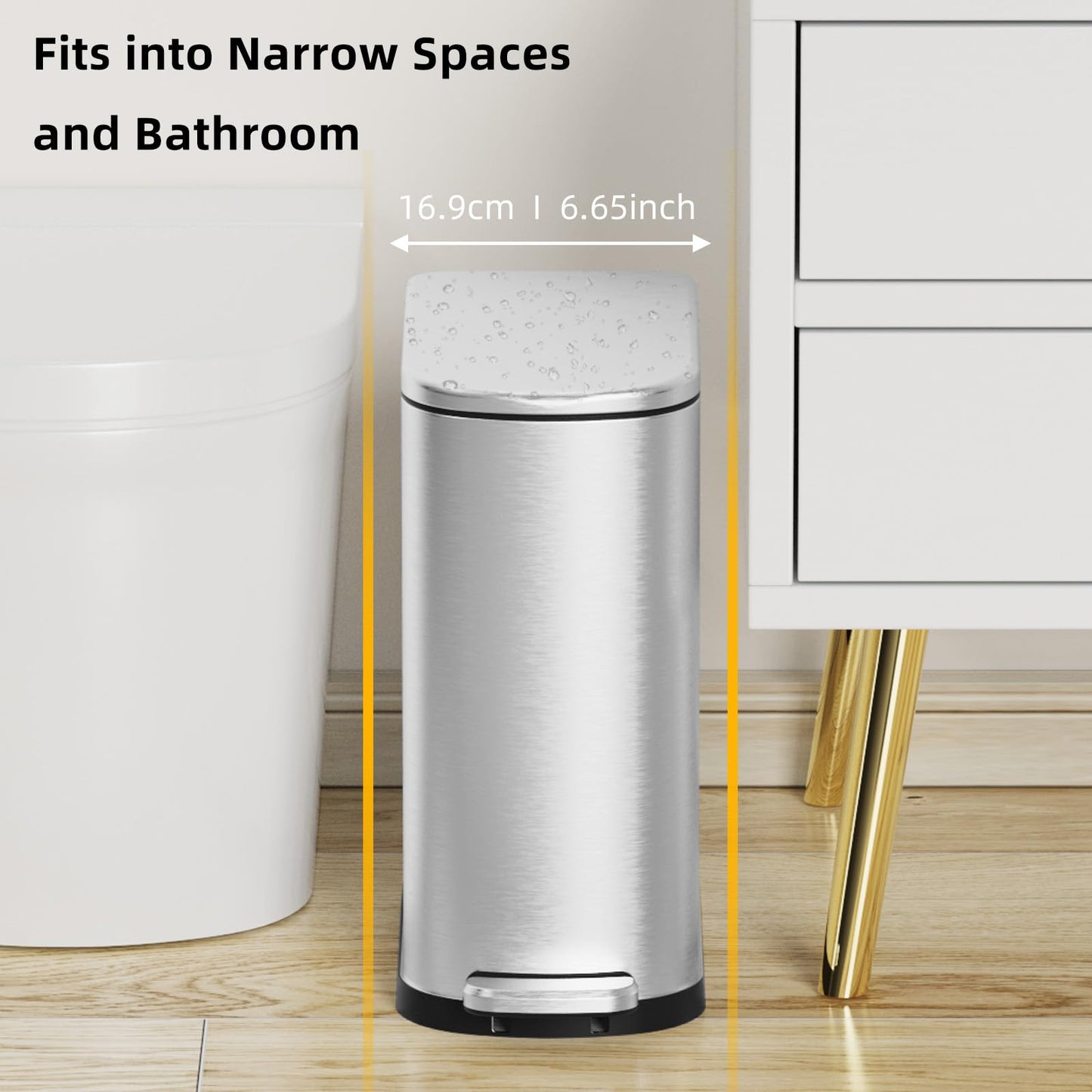 KSSKSS 2.6 Gallon Slim Bathroom Trash Can with Soft Close Lid, 10L Stainless Steel Garbage Can with Removable Liner Bucket, for Narrow Spaces,Bathroom, Bedroom (Silver)