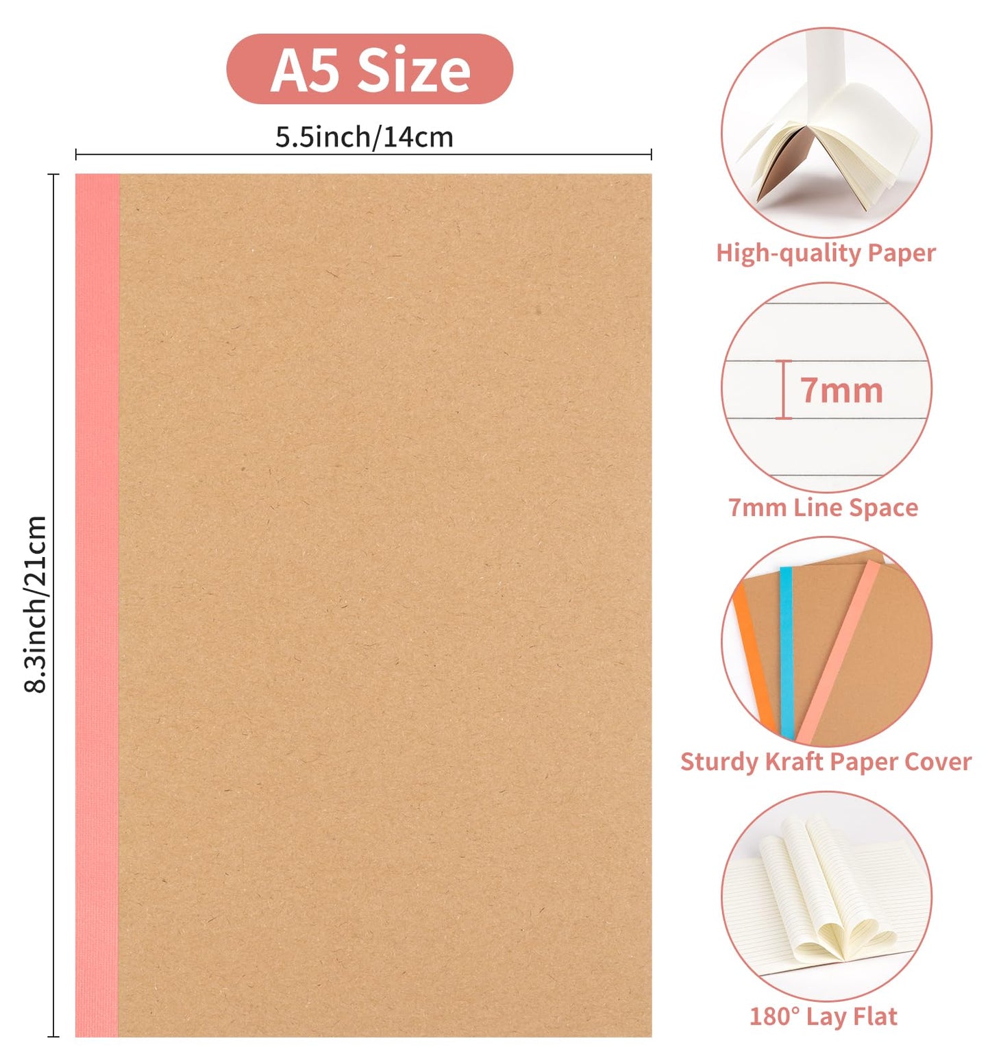 ALKALO 60 Pack Lined Notebook Journals Bulk, A5 College Ruled Composition Notebook, 8.3”x 5.5”, Kraft Cover with Rainbow Spines, 15 Colors 60 Pages for School Office Travel