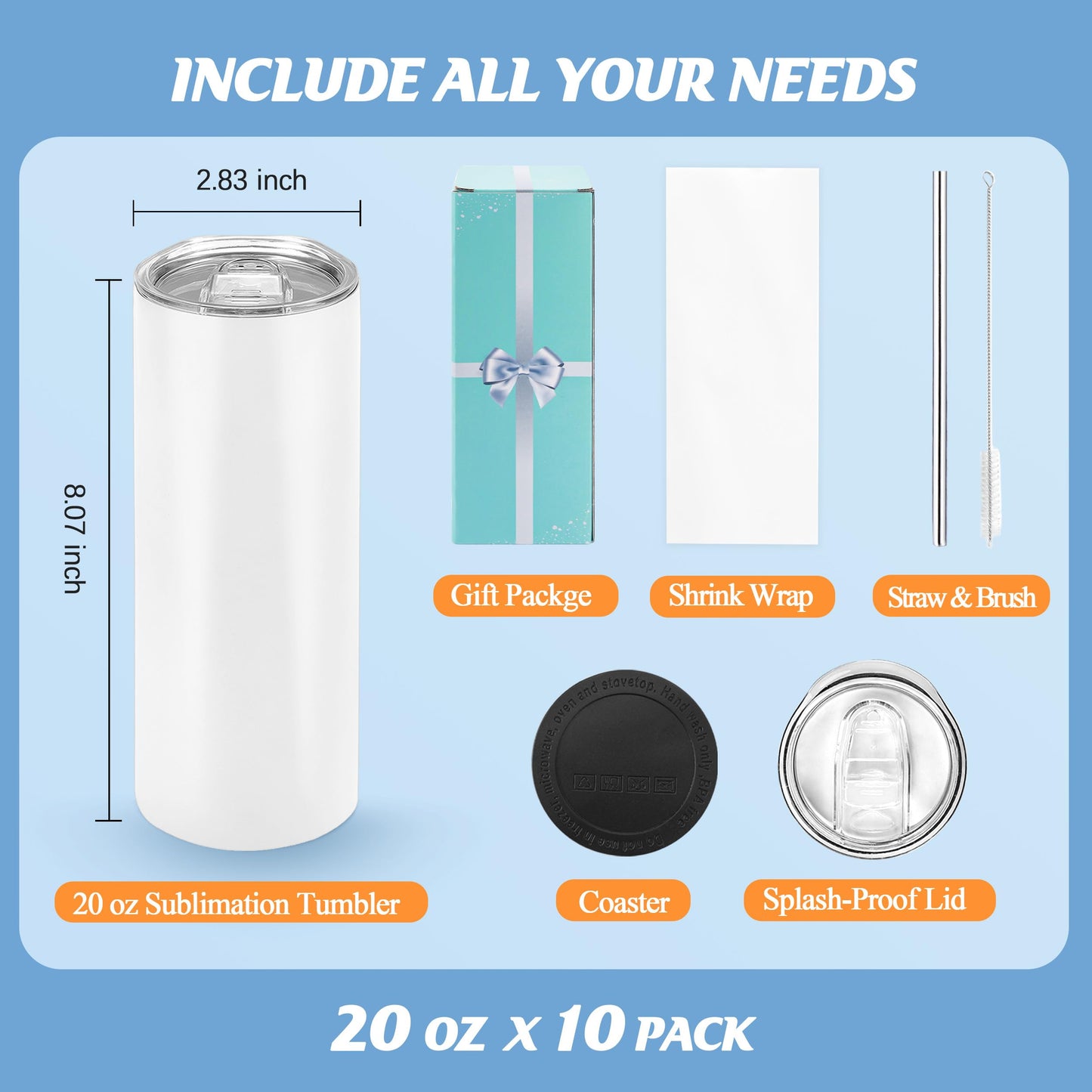 Joyclub Sublimation Tumblers 20 oz 10 Pack Flat Bottom Sublimation Blanks Bulk Stainless Steel Insulated Skinny Straight Cups with Lid and Straw, Gift Box