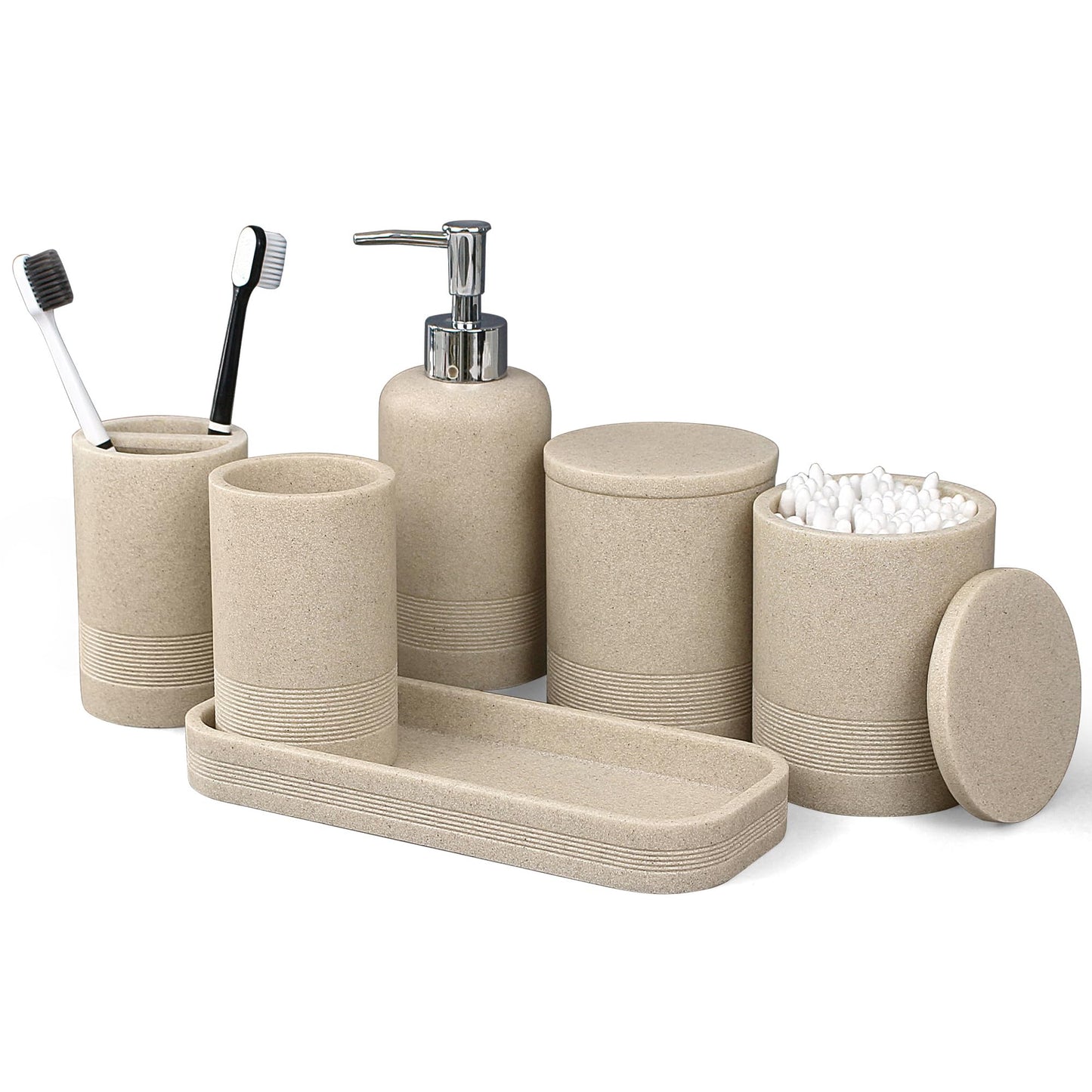 LIN CHUAN 6-Piece Bathroom Accessories Set, Bathroom Accessory Set with Soap Dispenser, Toothbrush Holder Set, Vanity Tray, Tumbler & 2 Cotton Swab Jars, Modern Stylish Bathroom Organizer(Beige)
