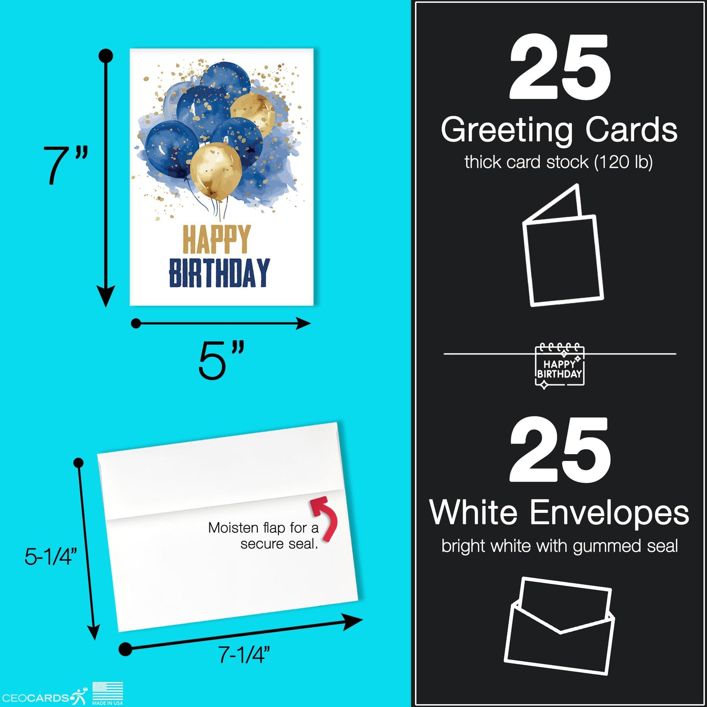 Happy Birthday Cards with Envelopes for Family and Business (Watercolors) Bulk 25 Pack of Greeting Cards with Envelopes (5x7 inch - A7) Office, Work, Employees & Clients (B2404) Made in USA