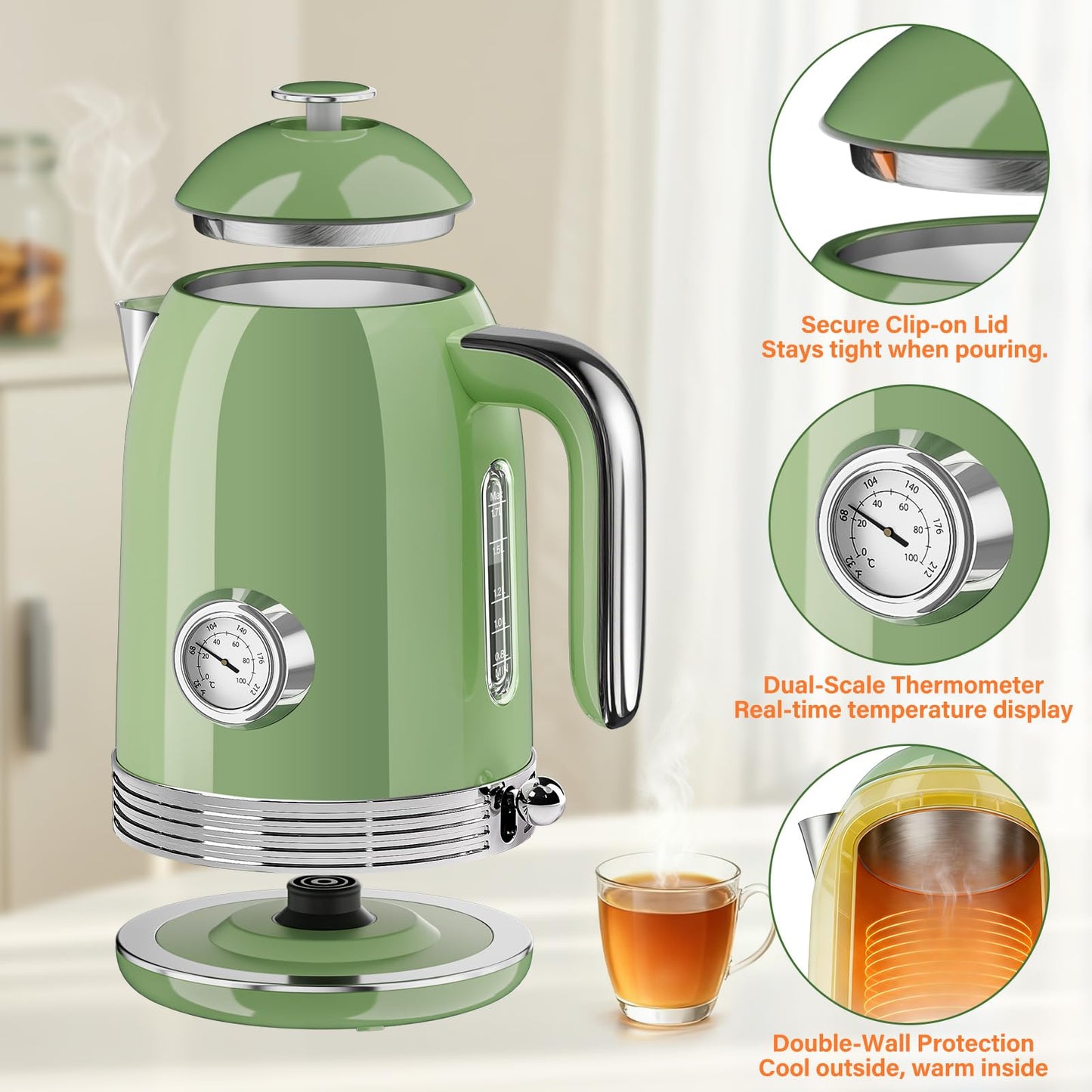BlissWhisper 1.7L Electric Tea Kettle with Thermometer, 1500W Retro Stainless Steel Hot Water Kettle,Fast Boil Cordless Electric Kettle,Auto Shut-Off & Boil-Dry Protection